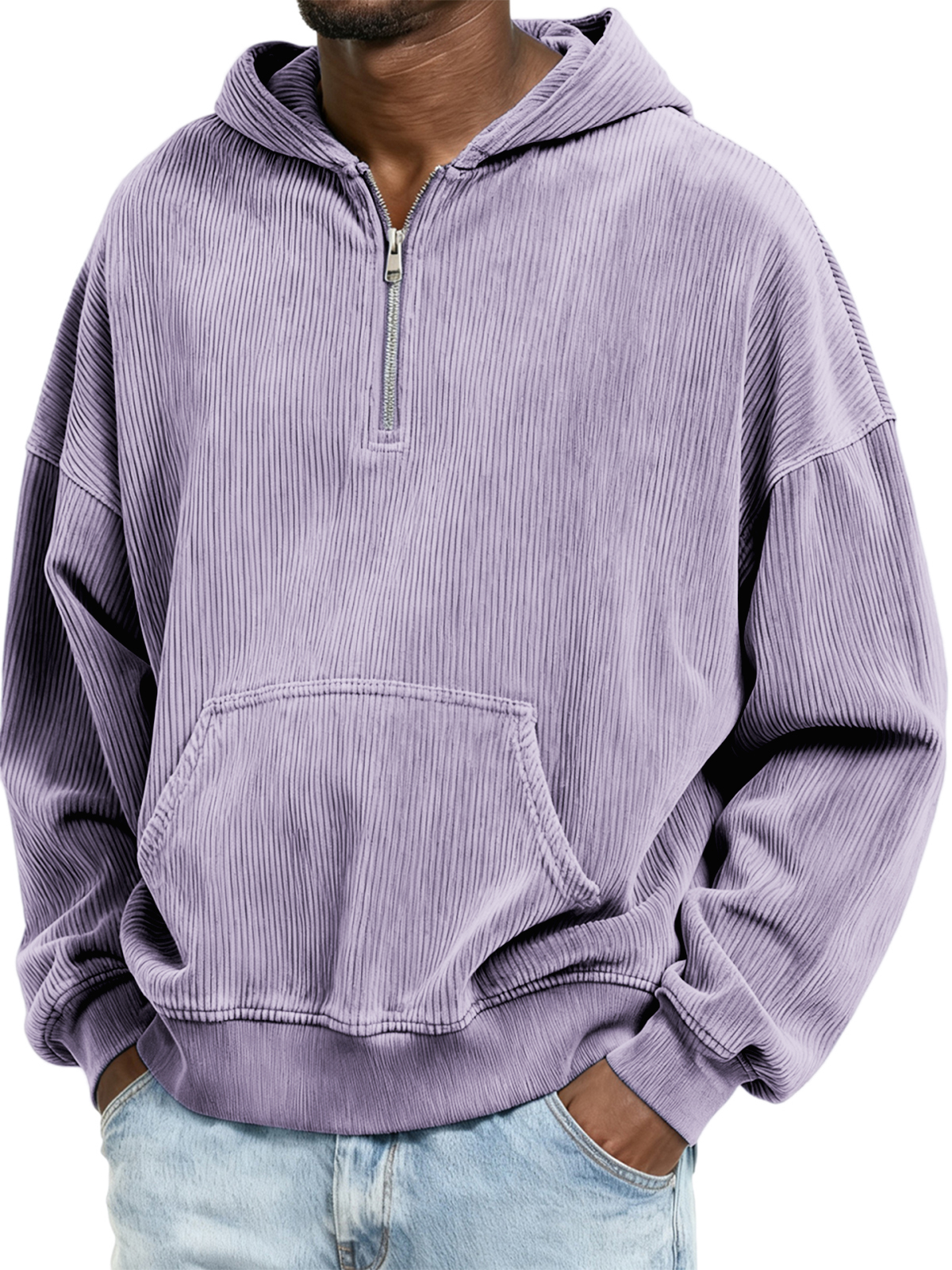 Corduroy-Ripp-Stilvoller Viertel-Reißverschluss-Pullover mit Kängurutasche-deurabatt