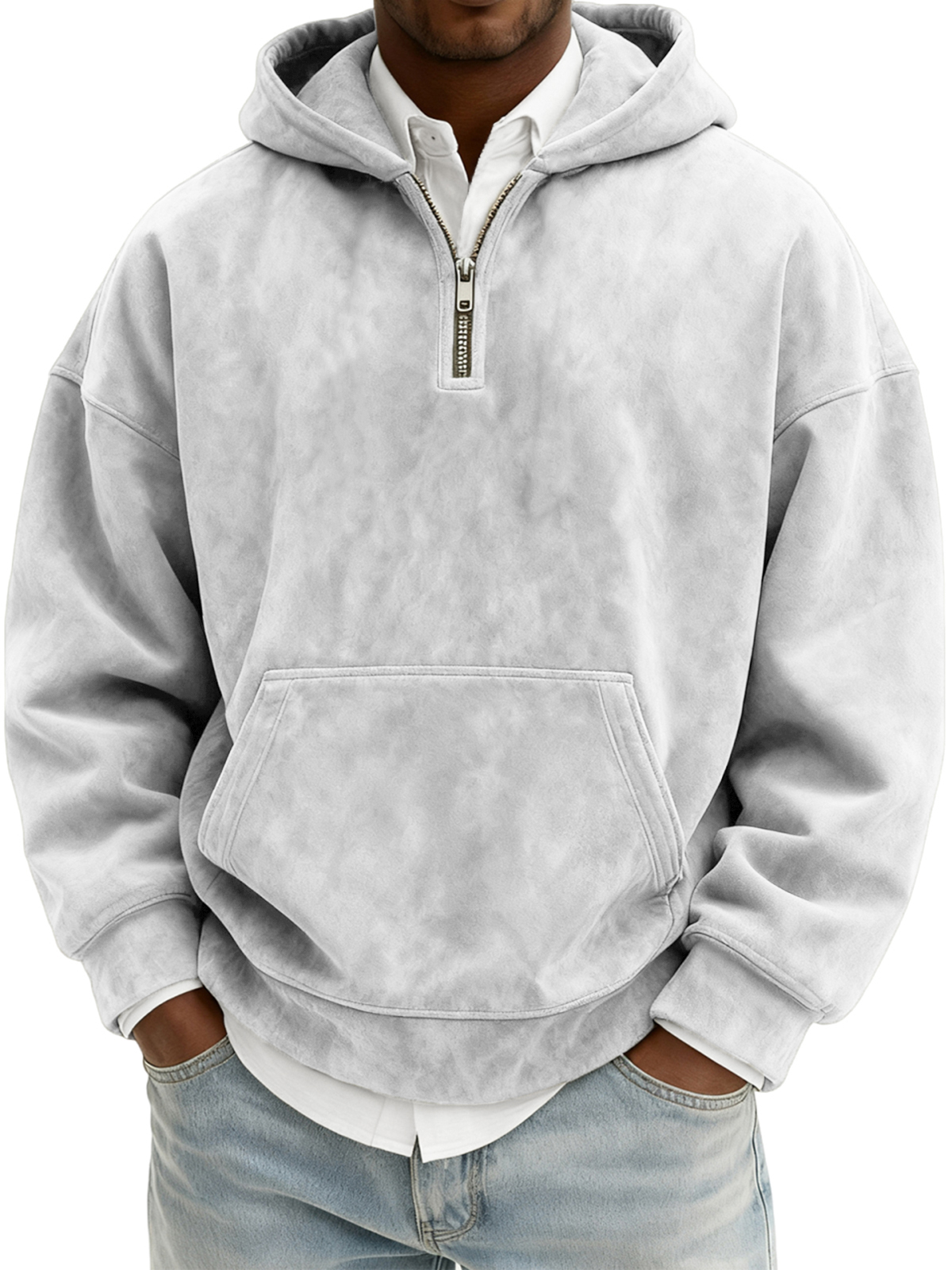 Herren Vintage Wildleder Viertel-Reißverschluss Kapuzenpullover mit Kängurutasche-deurabatt