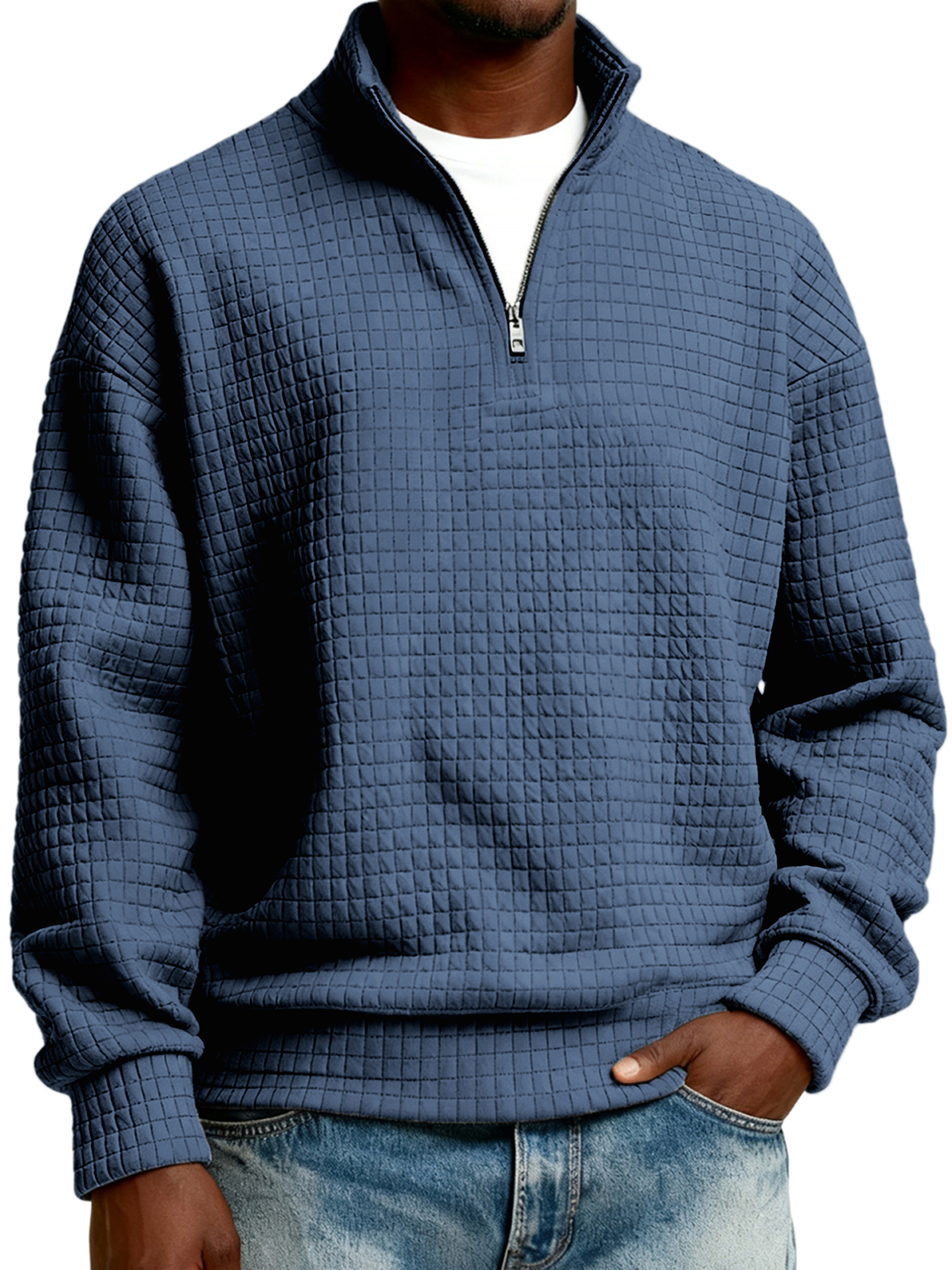 Herren-Stepppullover mit halbem Reißverschluss aus Jacquard-Gewebe-deurabatt