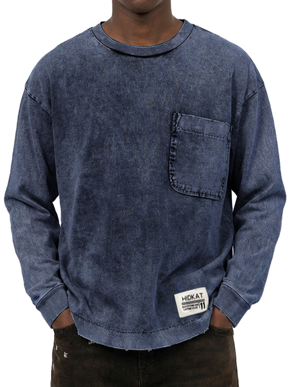 Herren Vintage gewaschenes und beschädigtes Baumwoll-T-Shirt mit langen Ärmeln-deurabatt
