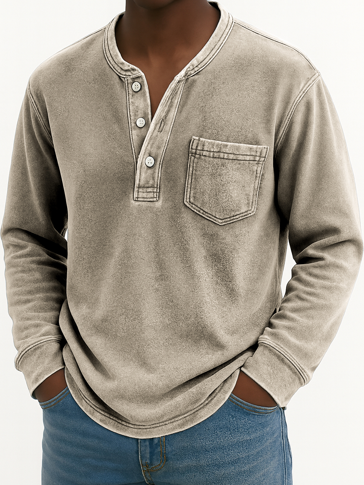 Herren Vintage Abgenutztes Taschen Freizeit Langarm Henley Shirt-deurabatt