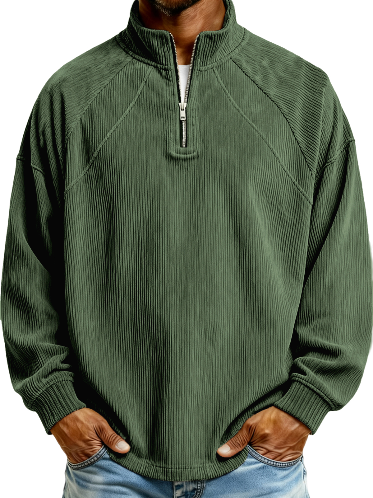 Herren Einfaches Corduroy Geripptes Viertel-Reißverschluss Raglan Ärmel Pullover Polo-Shirt-ZierMode