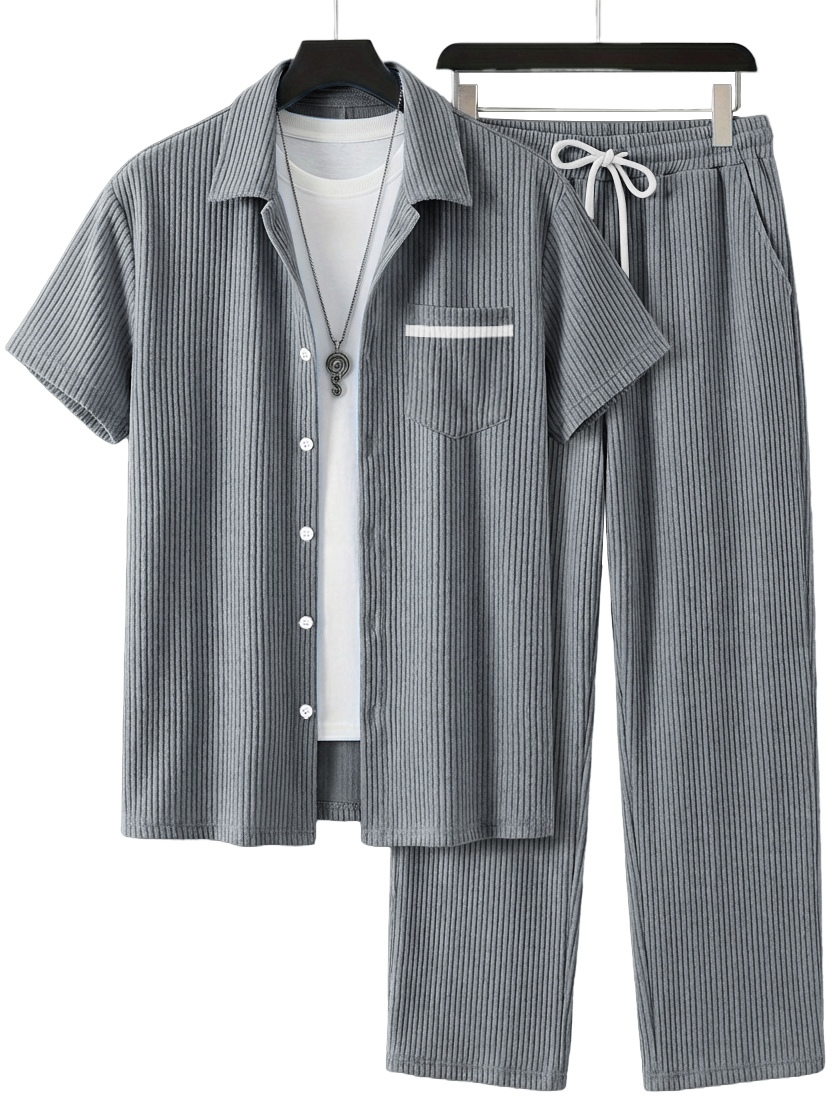 Herren Einfaches Lässiges Geripptes Pocket Kurzarmhemd und Lässige Hose Set OOTD-deurabatt