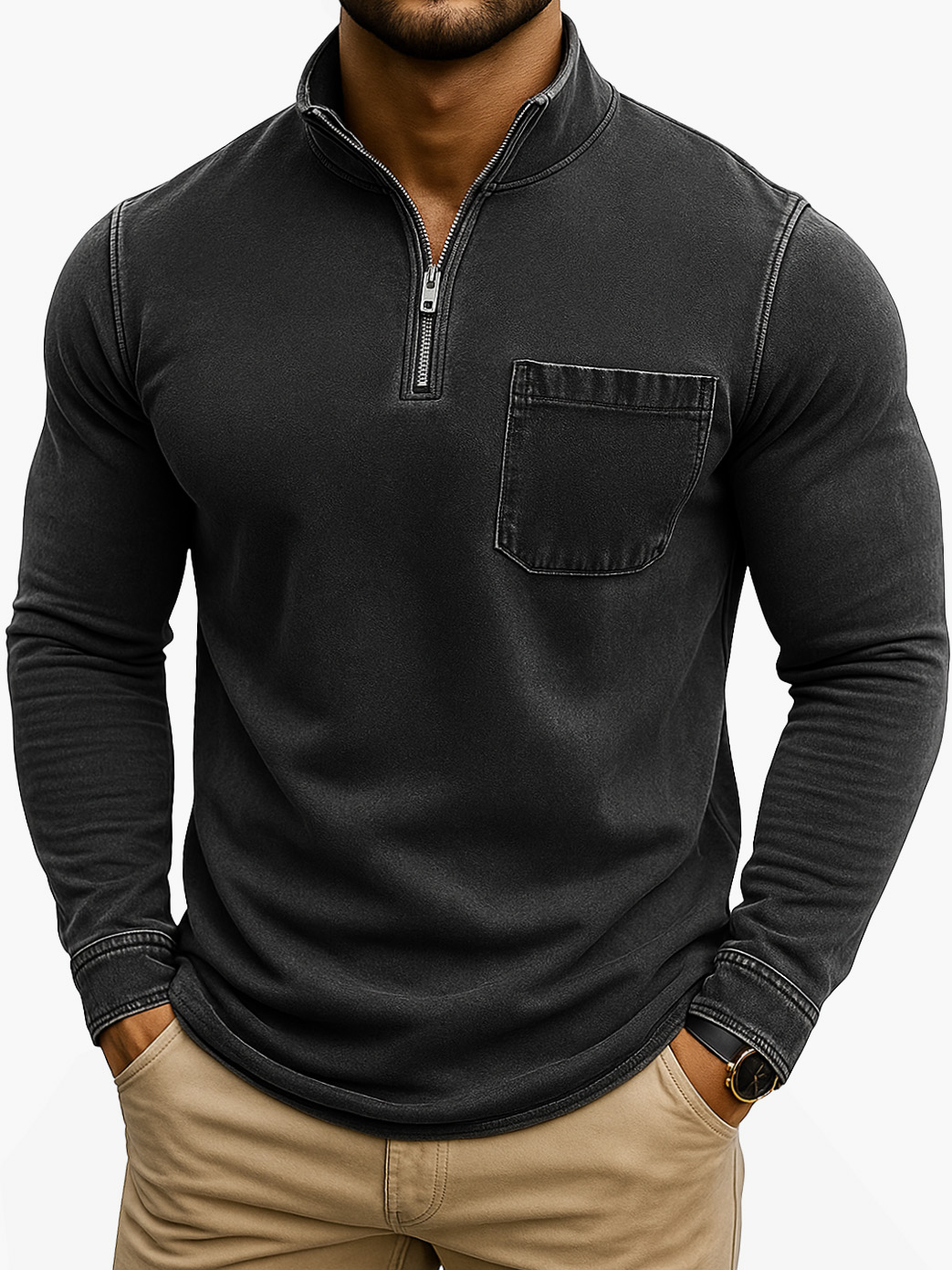 Herren Retro Casual Gewaschen Abgenutzt Viertel Reißverschluss Tasche Langarm T-Shirt-deurabatt