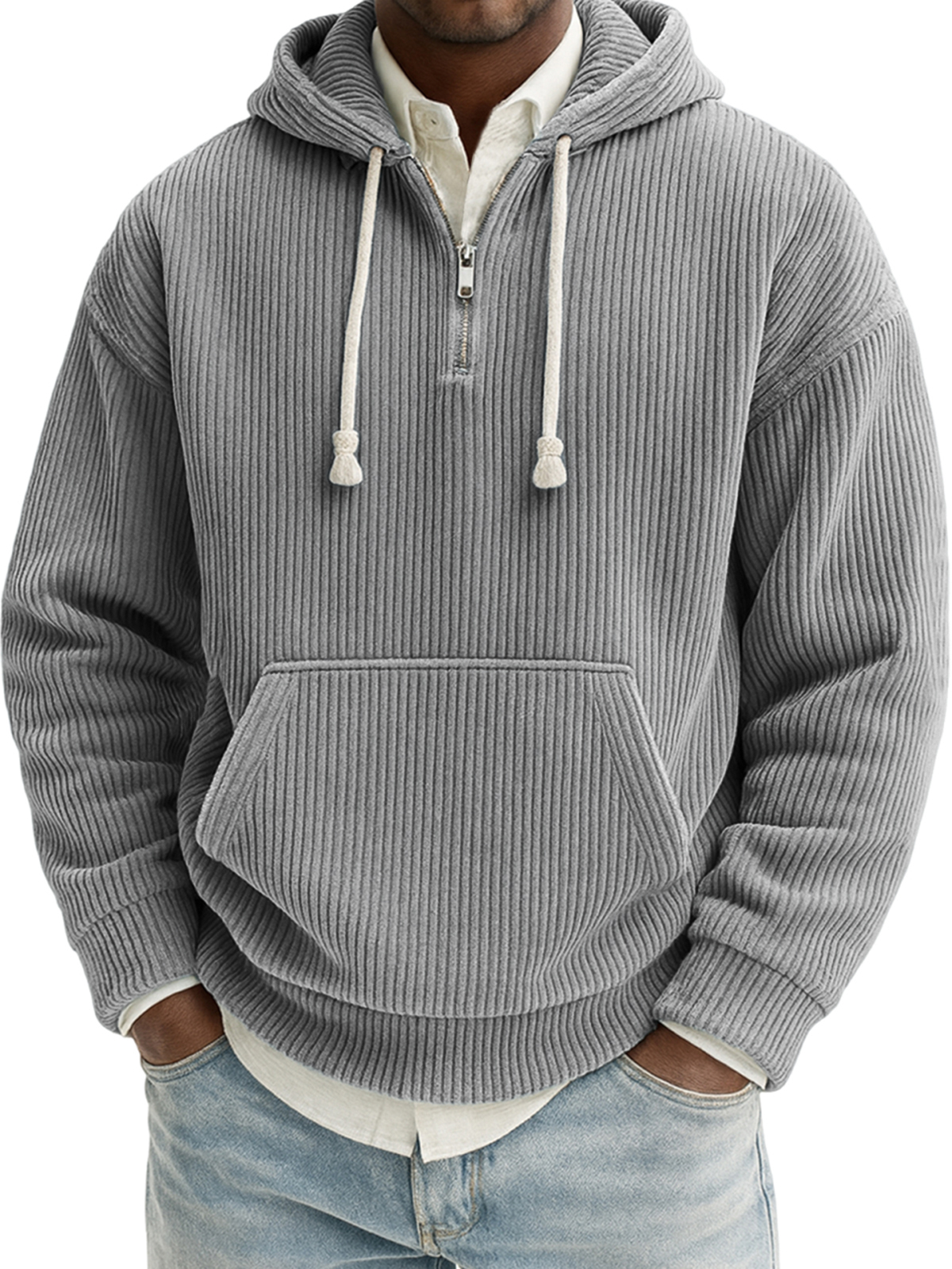 Herren Stilvoller Viertelreißverschluss Corduroy Gerippt Freizeit Pullover Kapuzen-Sweatshirt-ZierMode