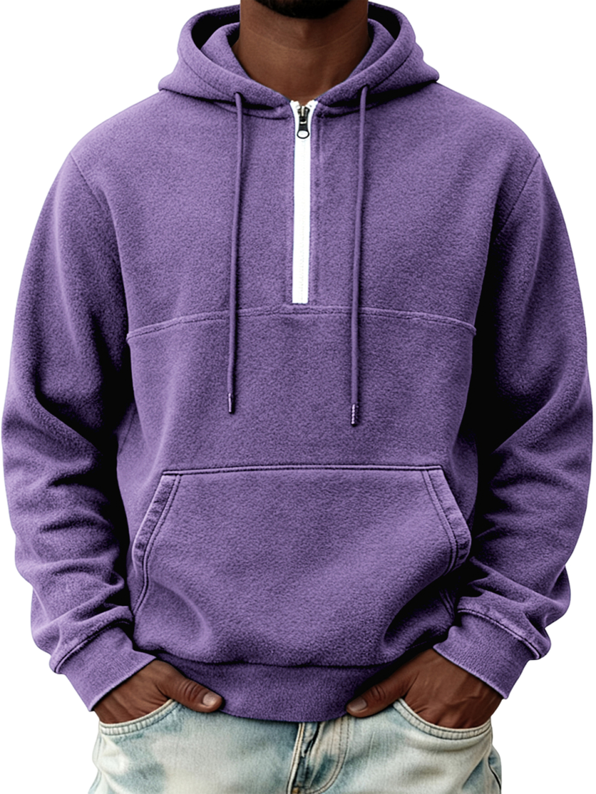 Warmes Herren-Fleece-Sweatshirt mit halben Reißverschluss und Kapuze-deurabatt