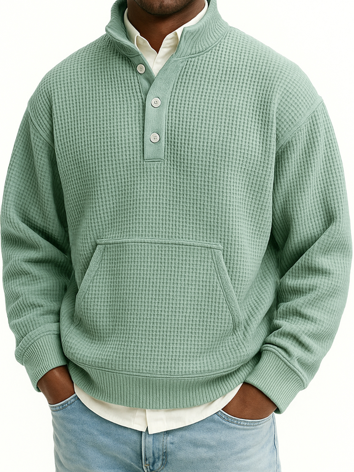 Herren Waffel Viertel Reißverschluss Stehkragen Sweatshirt mit Kängurutaschen-deurabatt