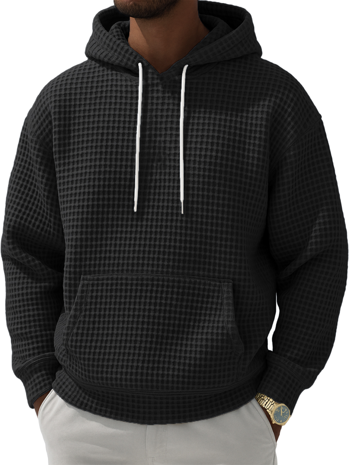 Herren Waffelstruktur Freizeit Pullover Kapuzen-Sweatshirt-deurabatt