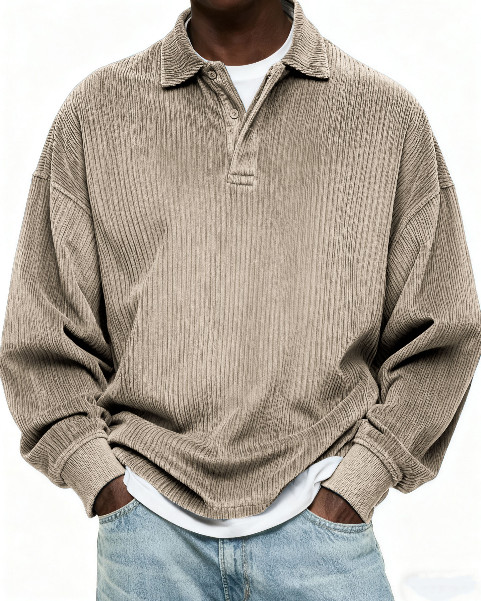 Herren Einfaches Cordstoff Textur Knopf Alltag Pullover POLO Hemd-deurabatt