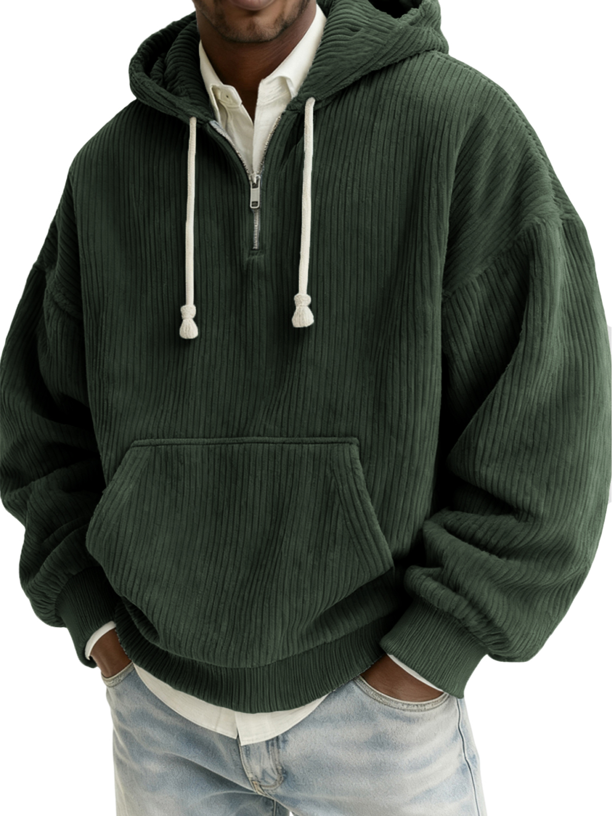 Herren Stylischer Viertelreißverschluss Corduroy Kapuzenpullover mit Kängurutaschen-deurabatt
