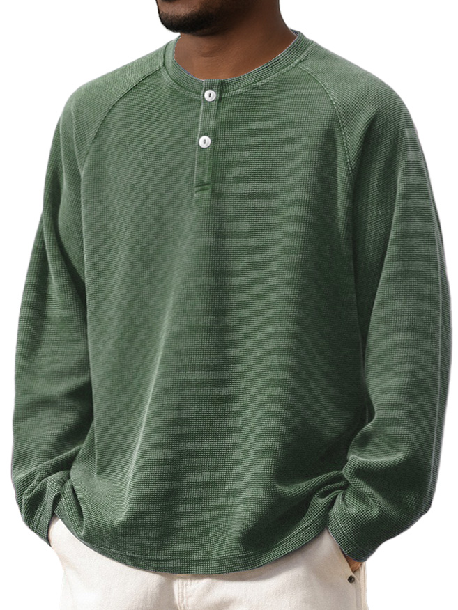 Herren Retro Fashion gewaschen Waffel-Gewand mit Raglanärmeln und Henley-Stil langen Ärmeln-ZierMode