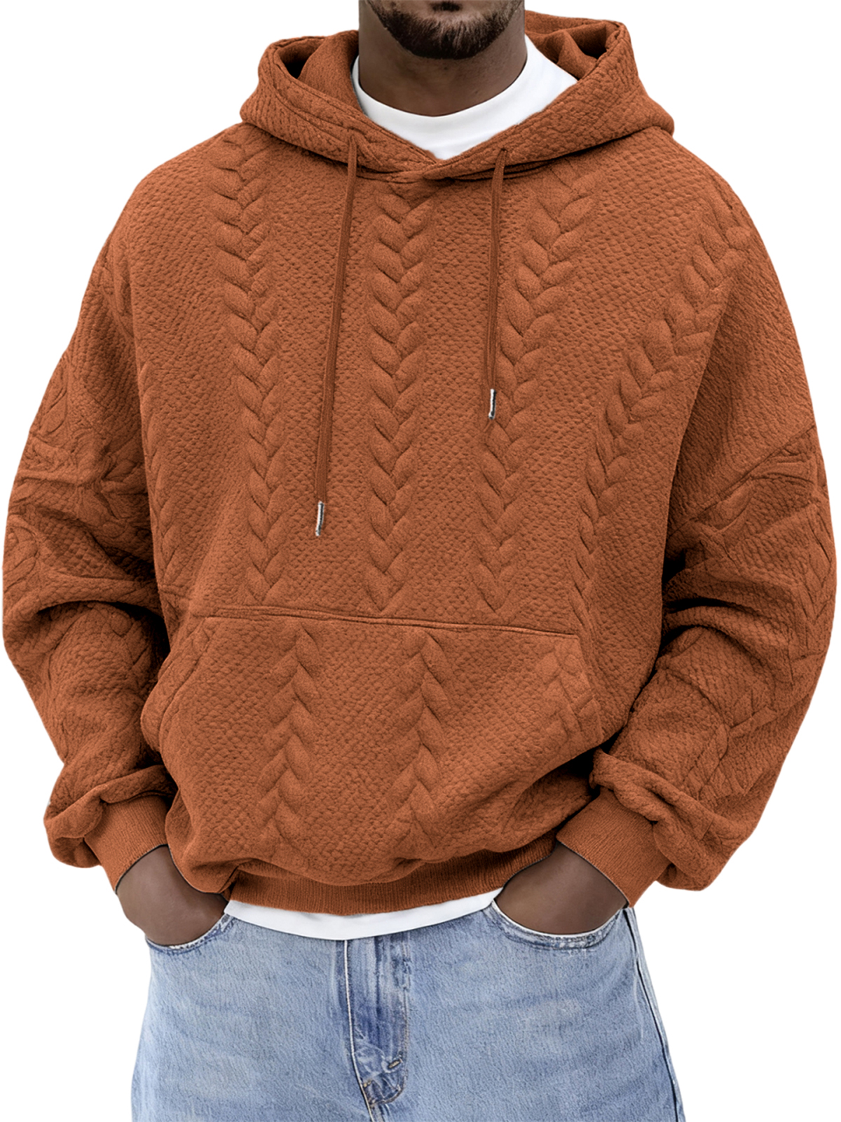 Herren Jacquard einfarbiger strukturierter Kapuzenpullover-deurabatt