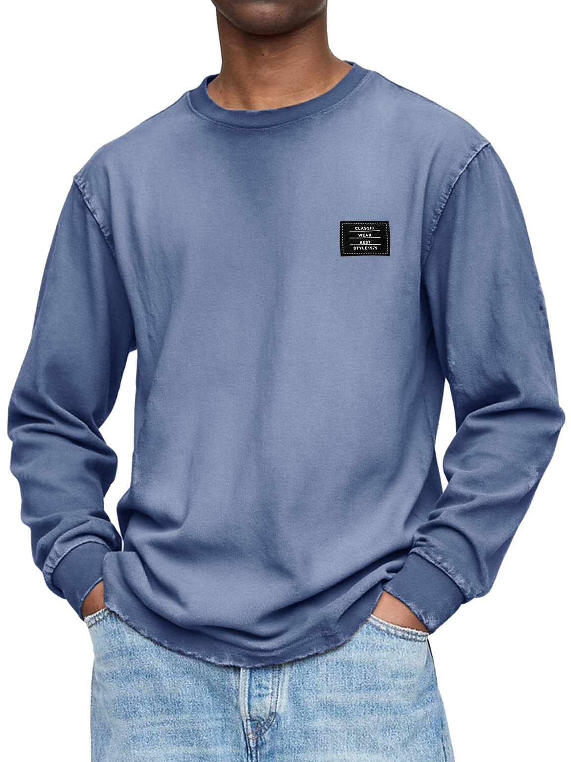 Herren Vintage Casual Gewaschen und Abgenutzt Schweres, Handgefertigtes Besticktes Logo Langarm-T-Shirt-ZierMode