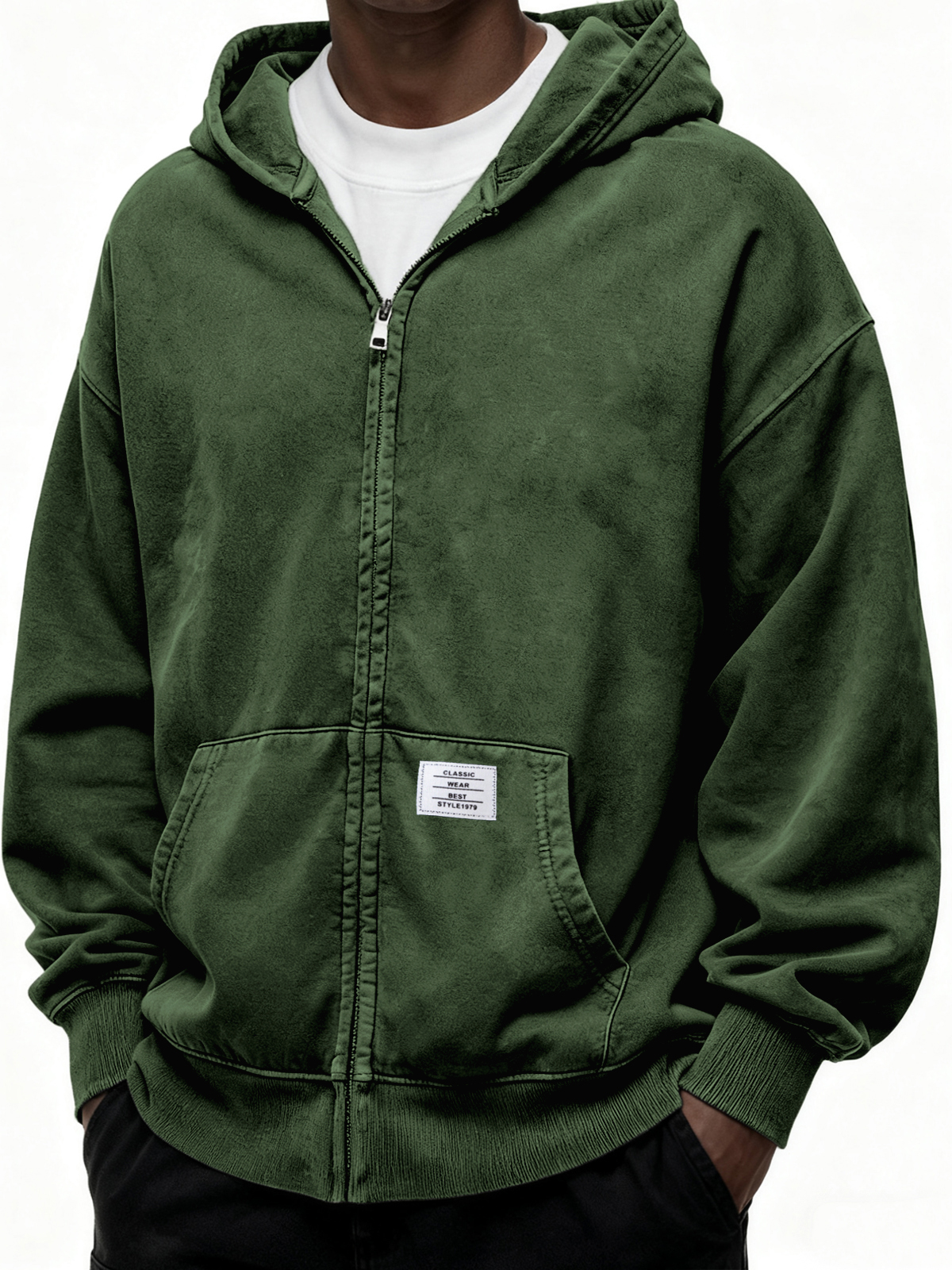 Schwergewicht Kapuzen-Full-Zip Cardigan Sweatshirt mit Kängurutasche und Etikett-deurabatt