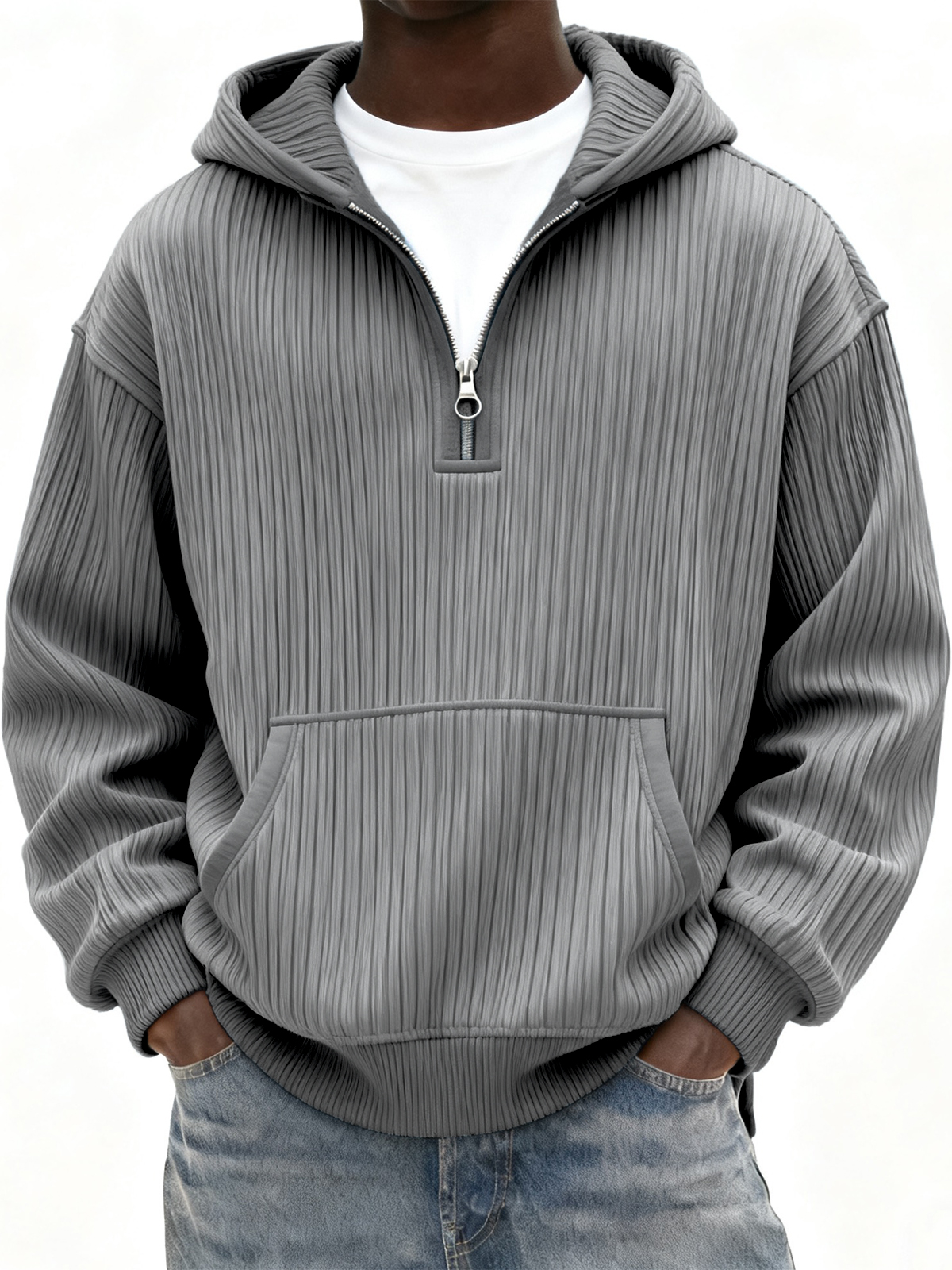 Herren Rippstrick Viertel Reißverschluss Hoodie mit Kängurutasche-deurabatt