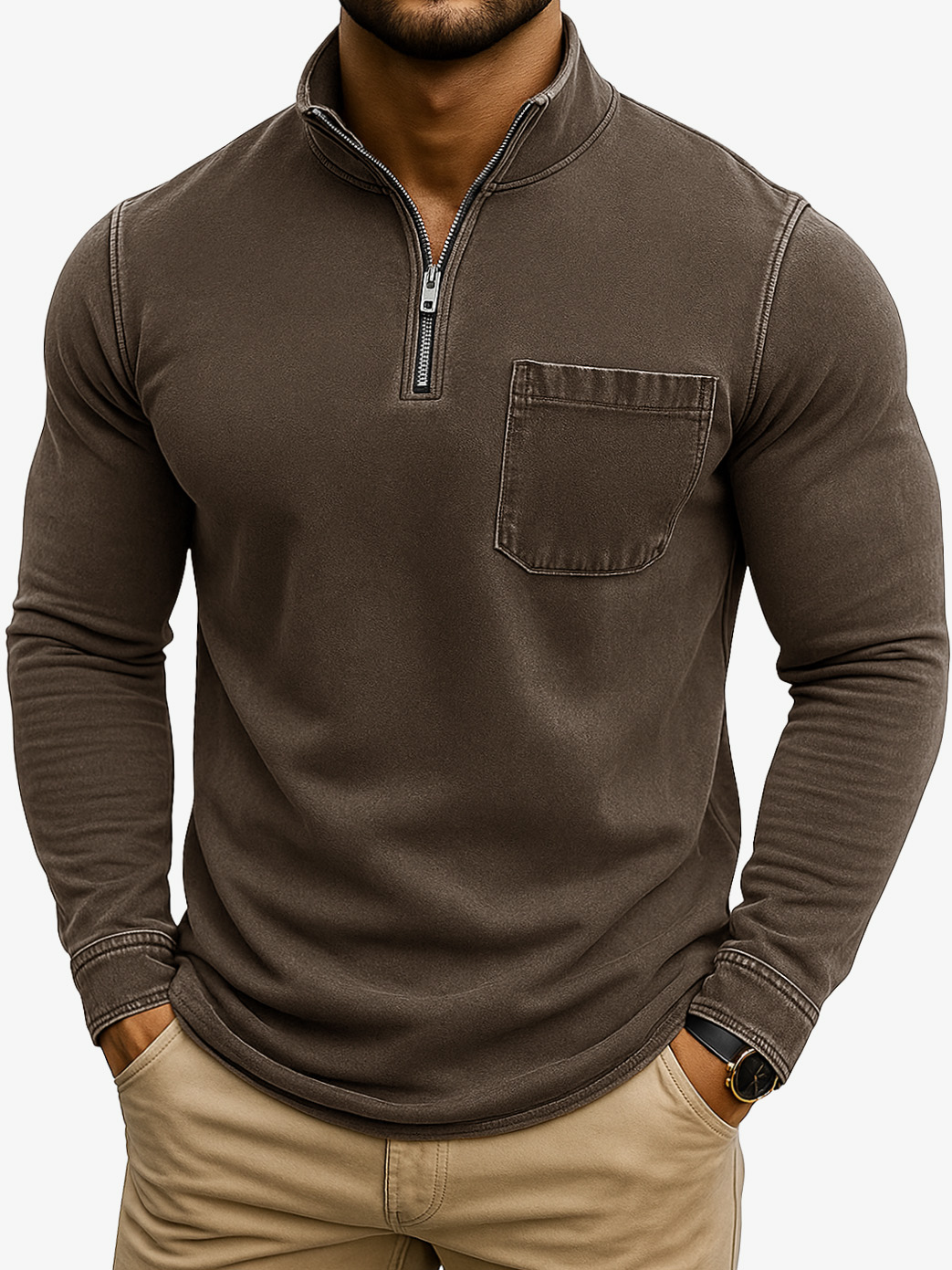 Herren Retro Casual Gewaschen Abgenutzt Viertel Reißverschluss Tasche Langarm T-Shirt-deurabatt