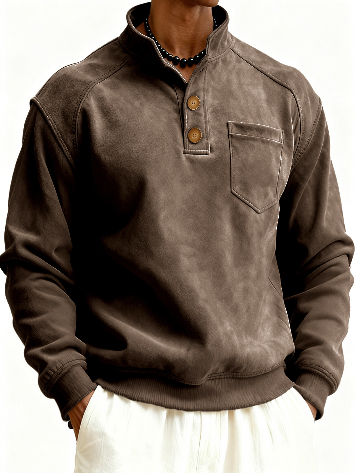 Herren Faux Suede Raglanärmel Button-down Stehkragen Pullover Sweatshirt mit Brusttasche-deurabatt