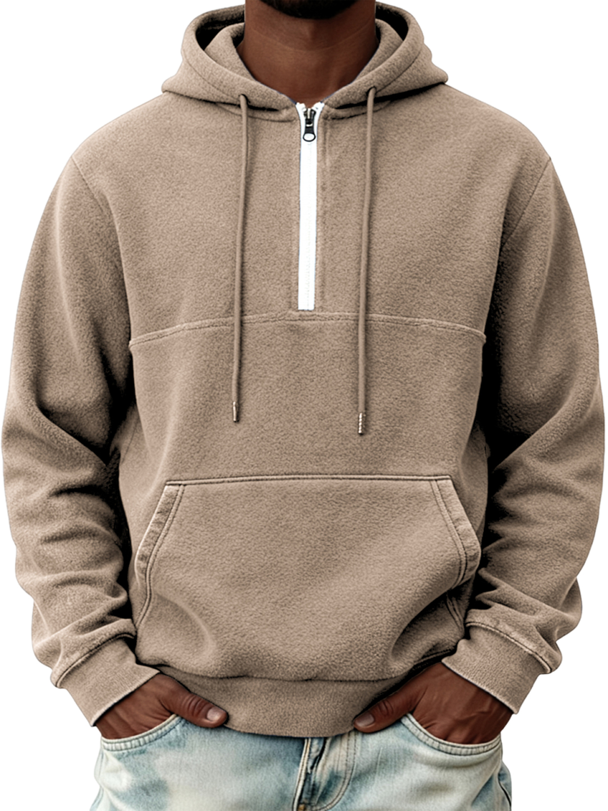 Warmes Herren-Fleece-Sweatshirt mit halben Reißverschluss und Kapuze-deurabatt