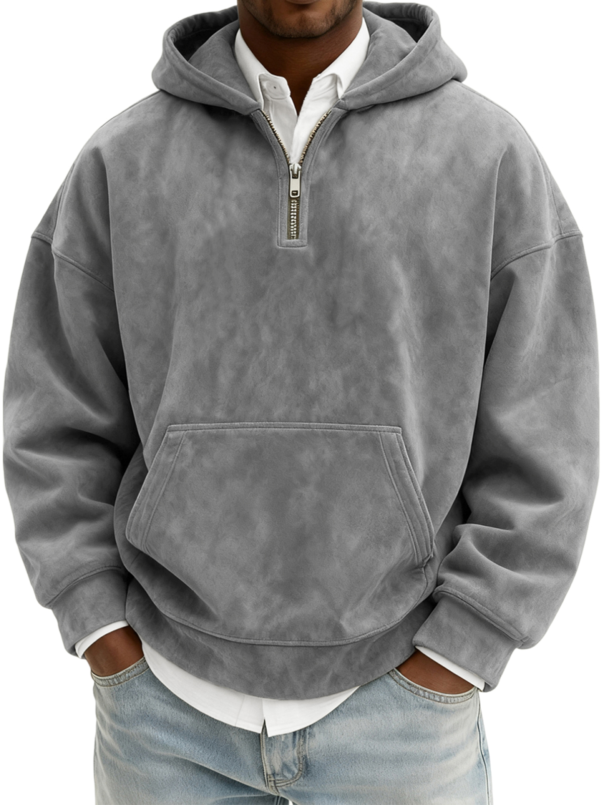 Herren Vintage Wildleder Viertel-Reißverschluss Kapuzenpullover mit Kängurutasche-deurabatt