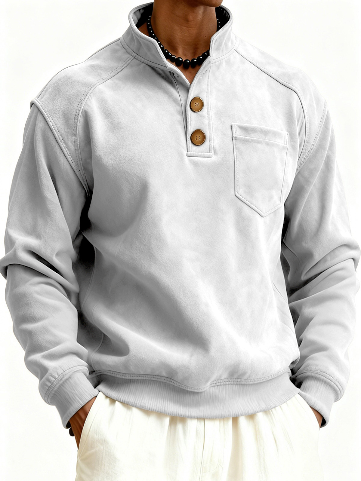 Herren Faux Suede Raglanärmel Button-down Stehkragen Pullover Sweatshirt mit Brusttasche-deurabatt