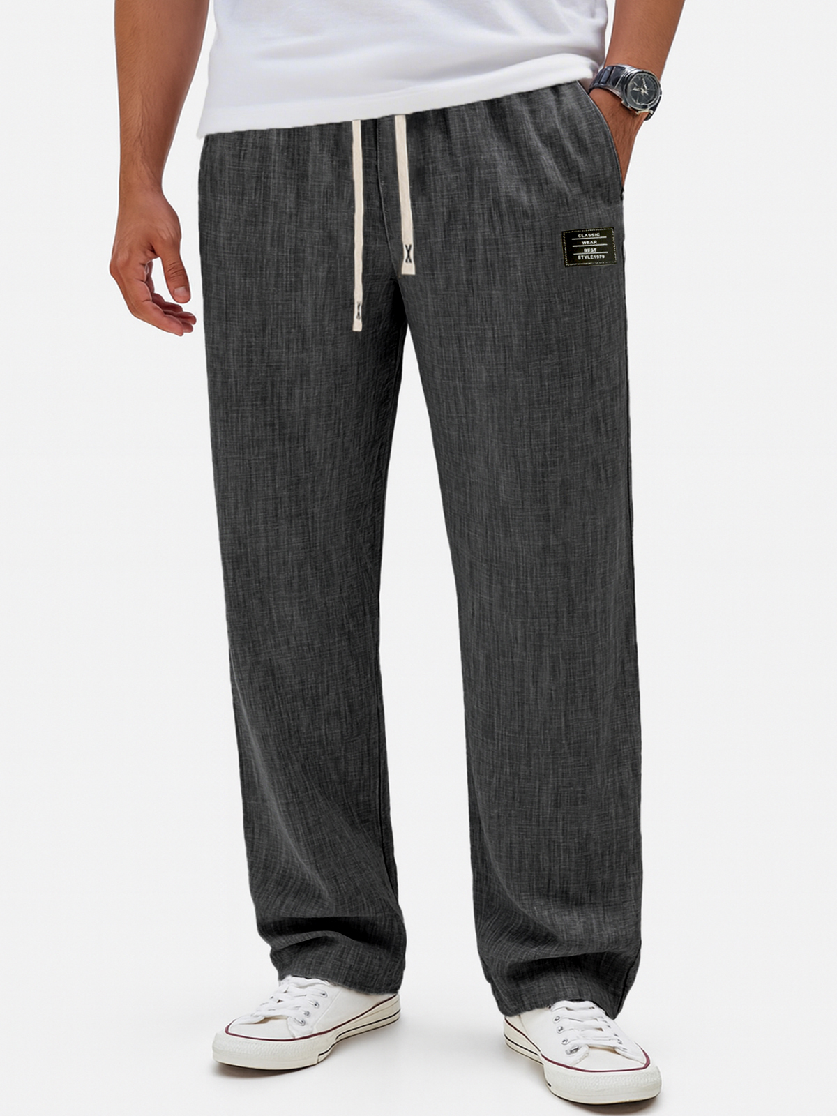Herren Atmungsaktive Leinen Crinkle Freizeit Jogginghose mit Bestickten Etiketten-deurabatt