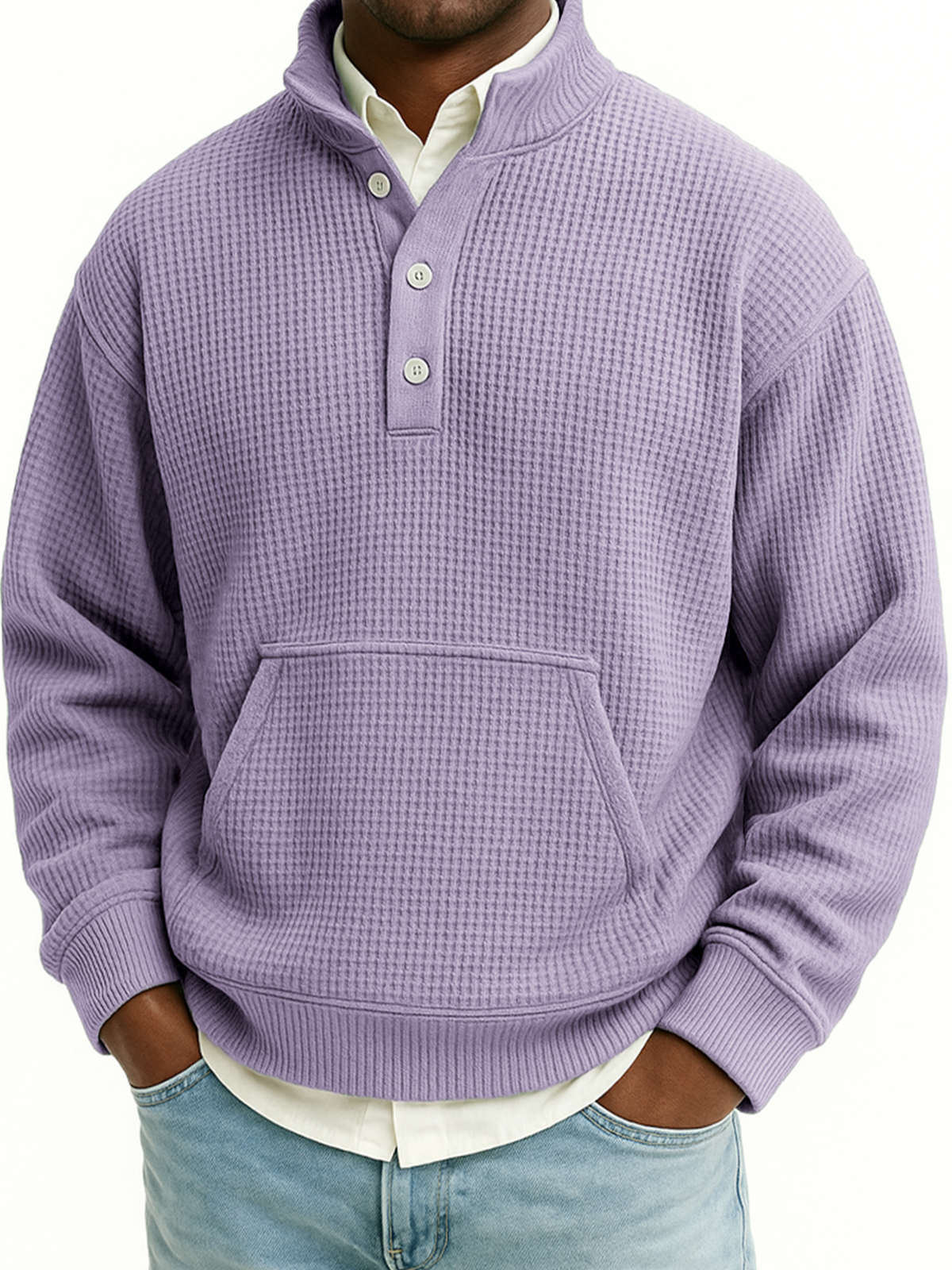 Herren Waffel Viertel Reißverschluss Stehkragen Sweatshirt mit Kängurutaschen-deurabatt