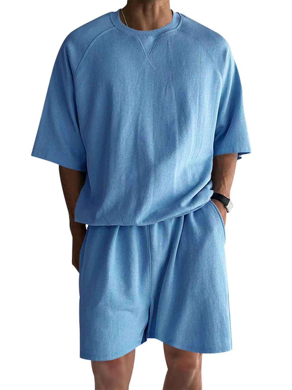 Herren Stilvolles Baumwollanzug Rundhals Raglanärmel Kurzarm T-Shirt und Shorts Alltag Lässiges Zweiteiliges Set-ZierMode