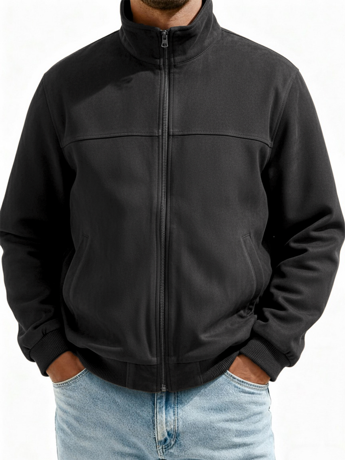Herren Wildleder Zip-Up Fliegerjacke mit minimalistischem Patchwork-Design-deurabatt