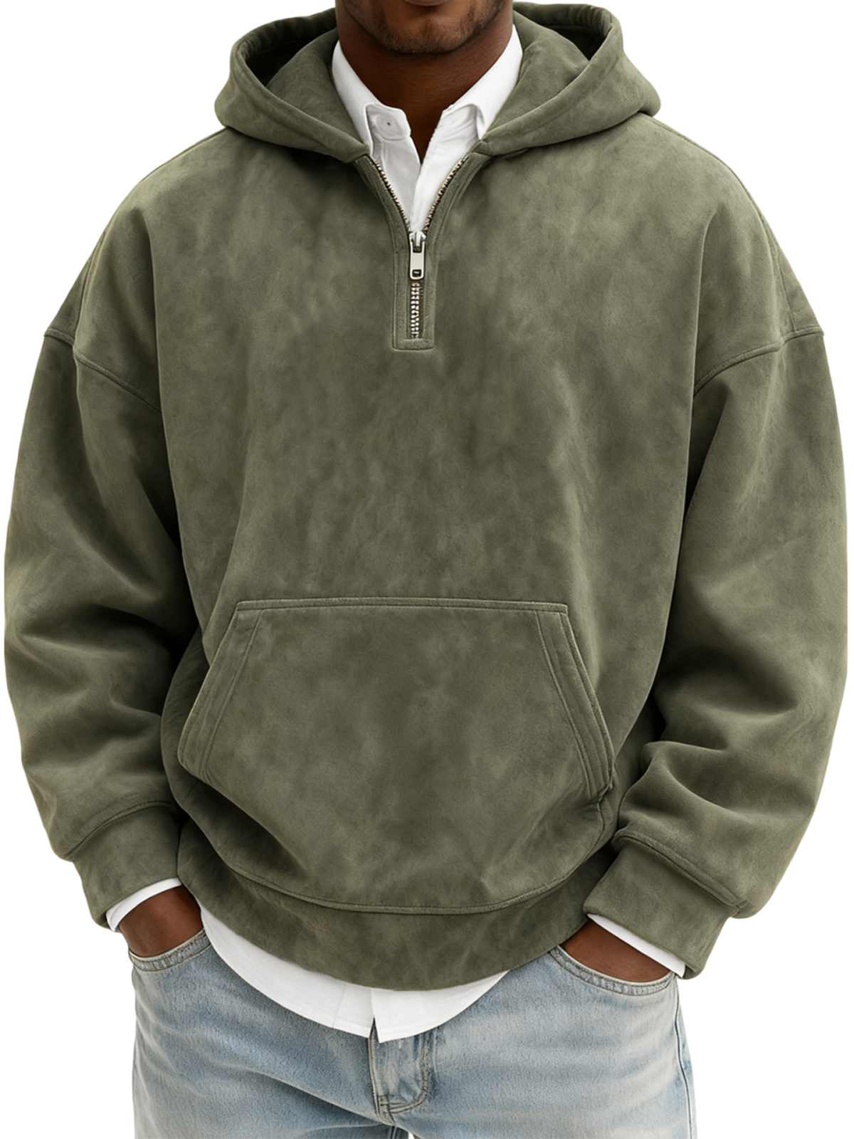 Herren Vintage Wildleder Viertel-Reißverschluss Kapuzenpullover mit Kängurutasche-deurabatt