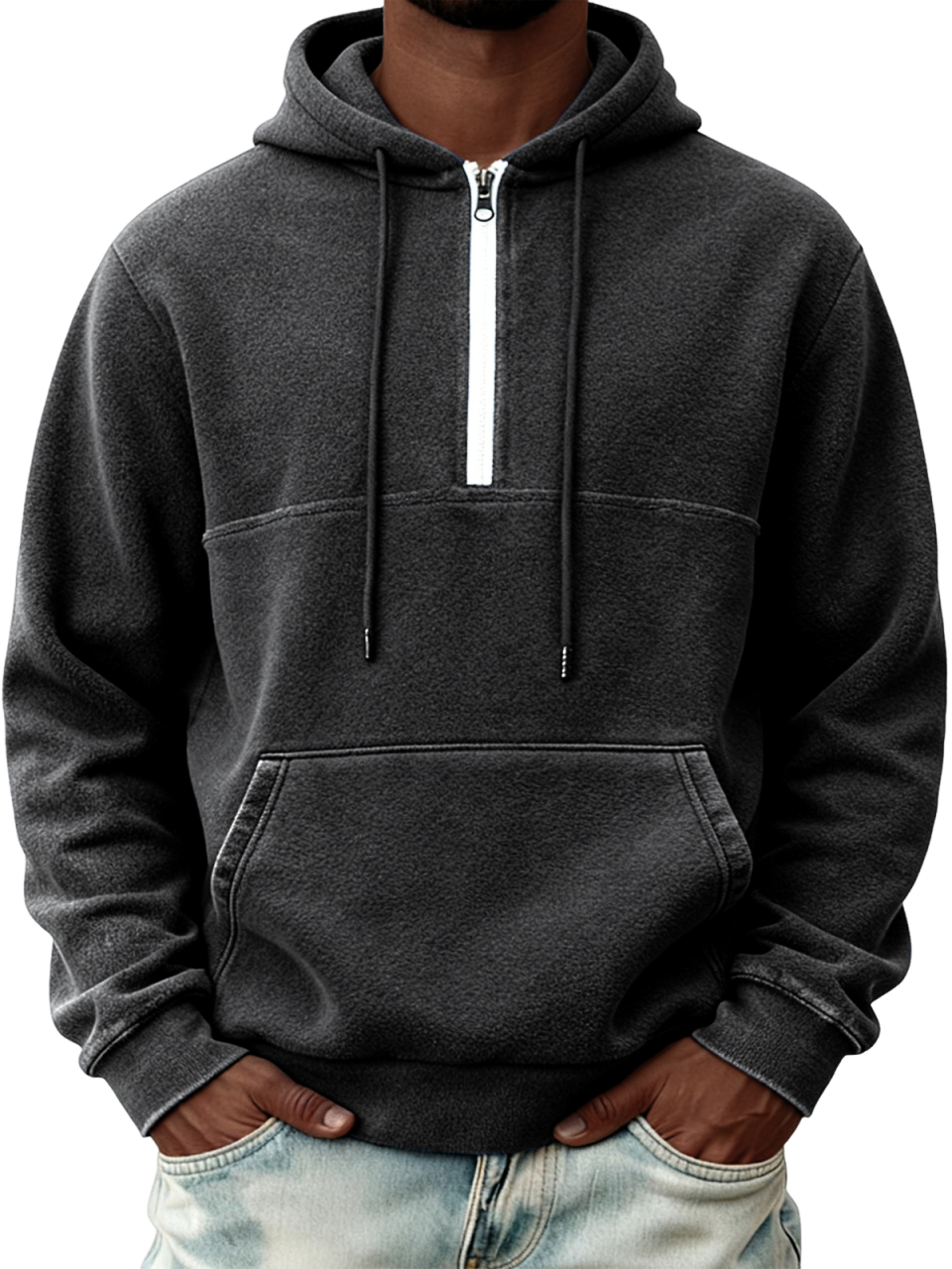 Warmes Herren-Fleece-Sweatshirt mit halben Reißverschluss und Kapuze-deurabatt