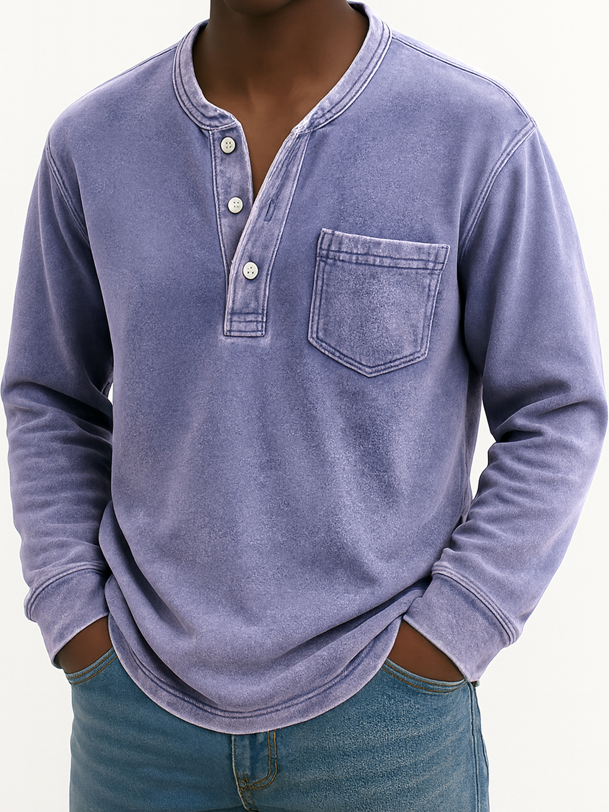 Herren Vintage Abgenutztes Taschen Freizeit Langarm Henley Shirt-deurabatt