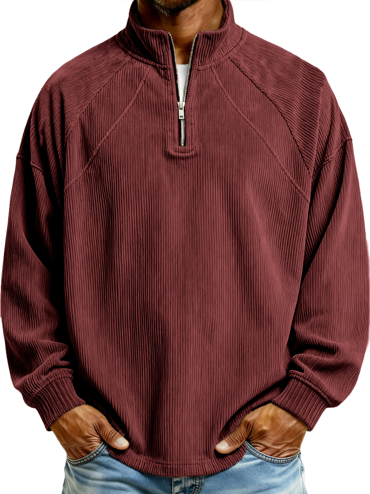 Herren Einfaches Corduroy Geripptes Viertel-Reißverschluss Raglan Ärmel Pullover Polo-Shirt-ZierMode
