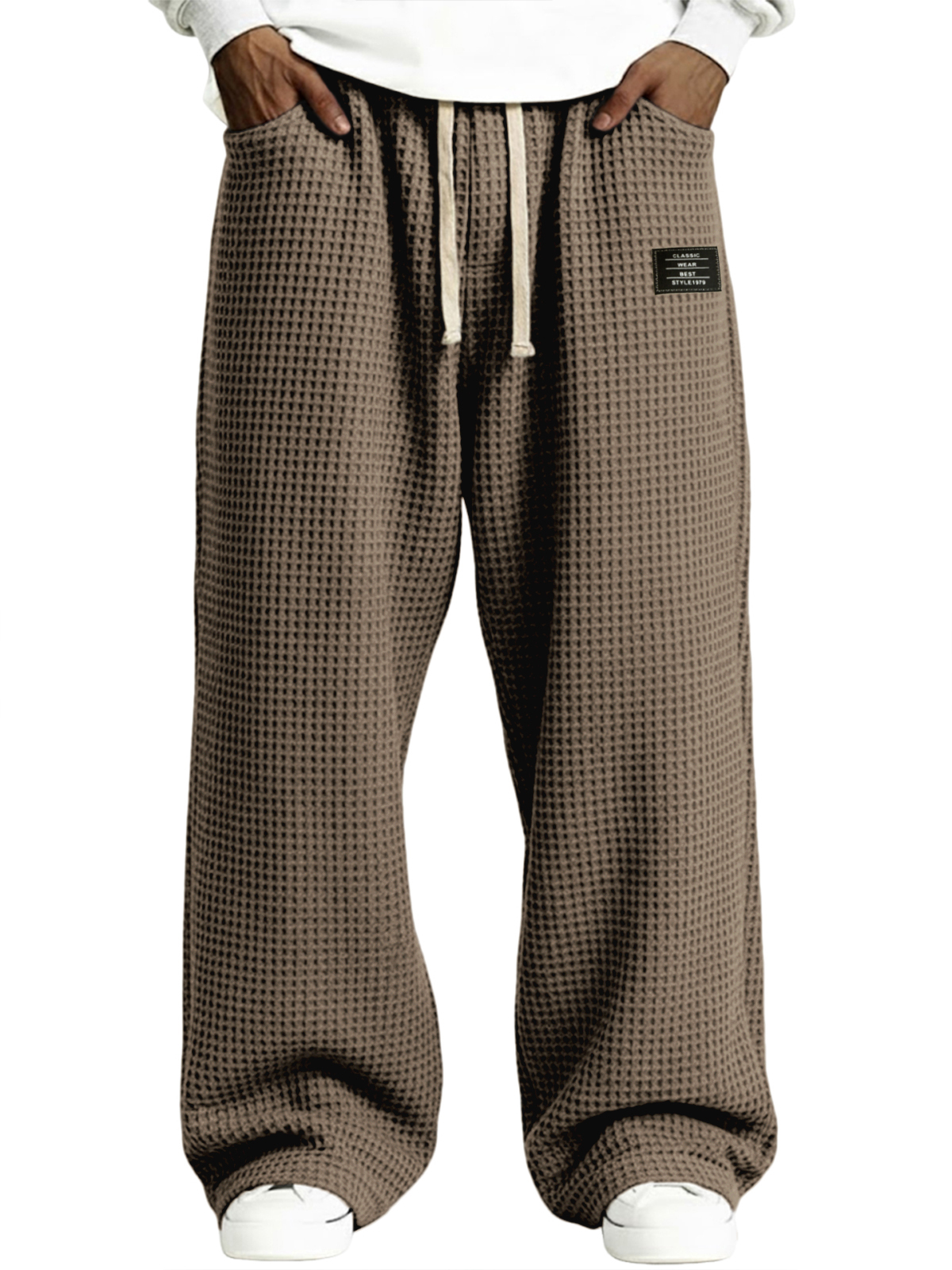 Herren einfache Waffelstruktur Kordelzug bestickte Etikettenhose-deurabatt