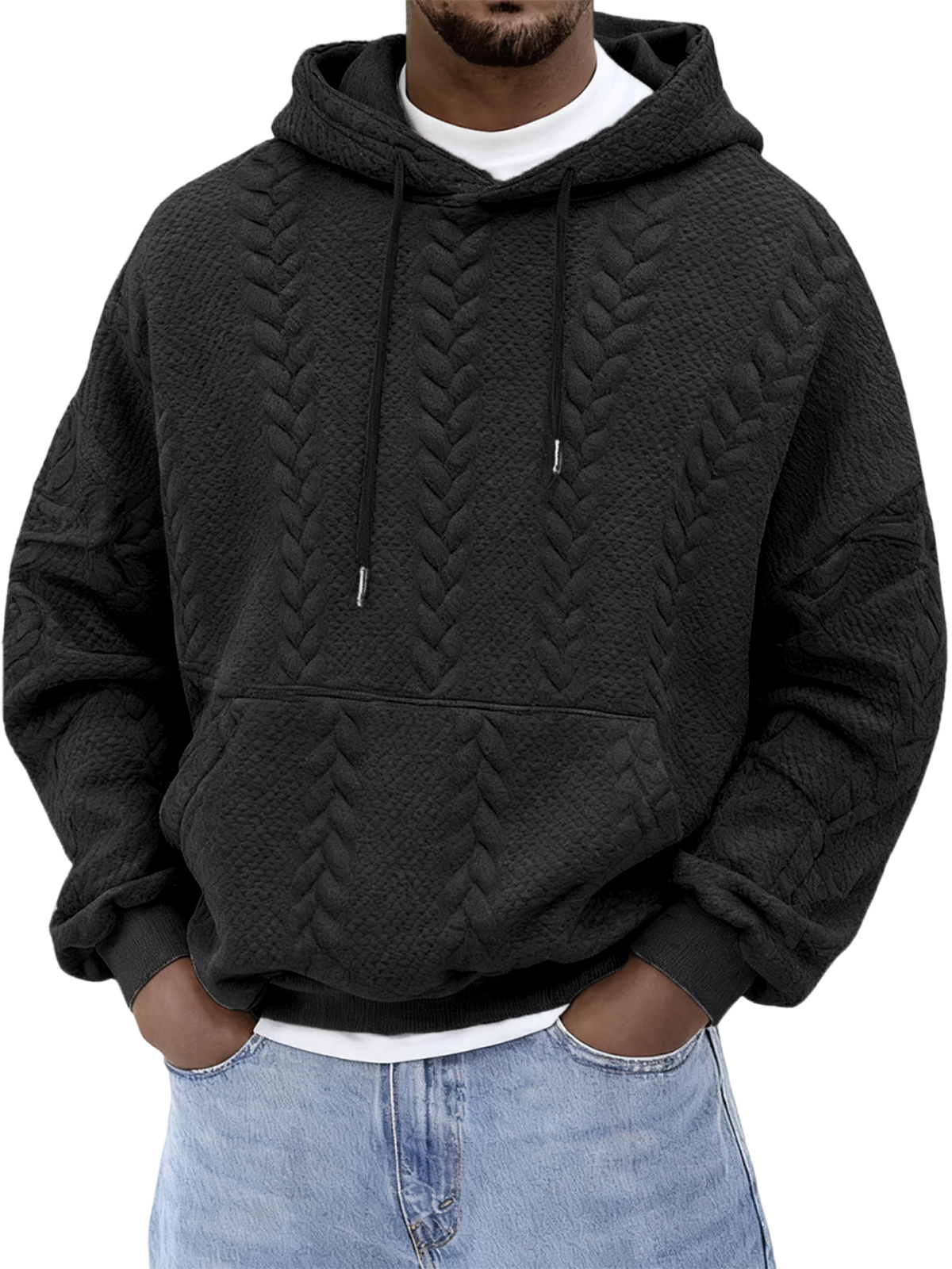 Herren Jacquard einfarbiger strukturierter Kapuzenpullover-deurabatt