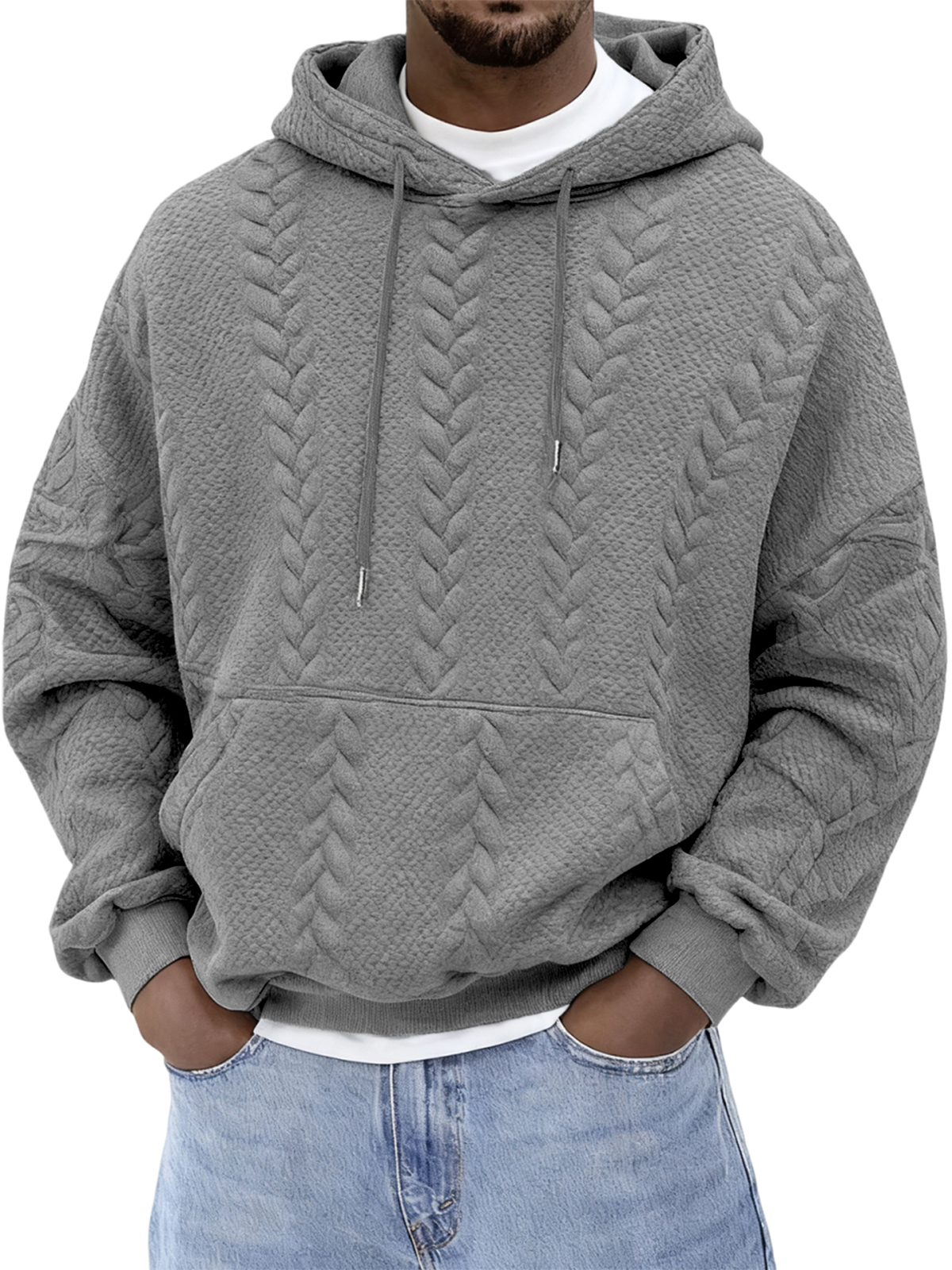 Herren Jacquard einfarbiger strukturierter Kapuzenpullover-deurabatt