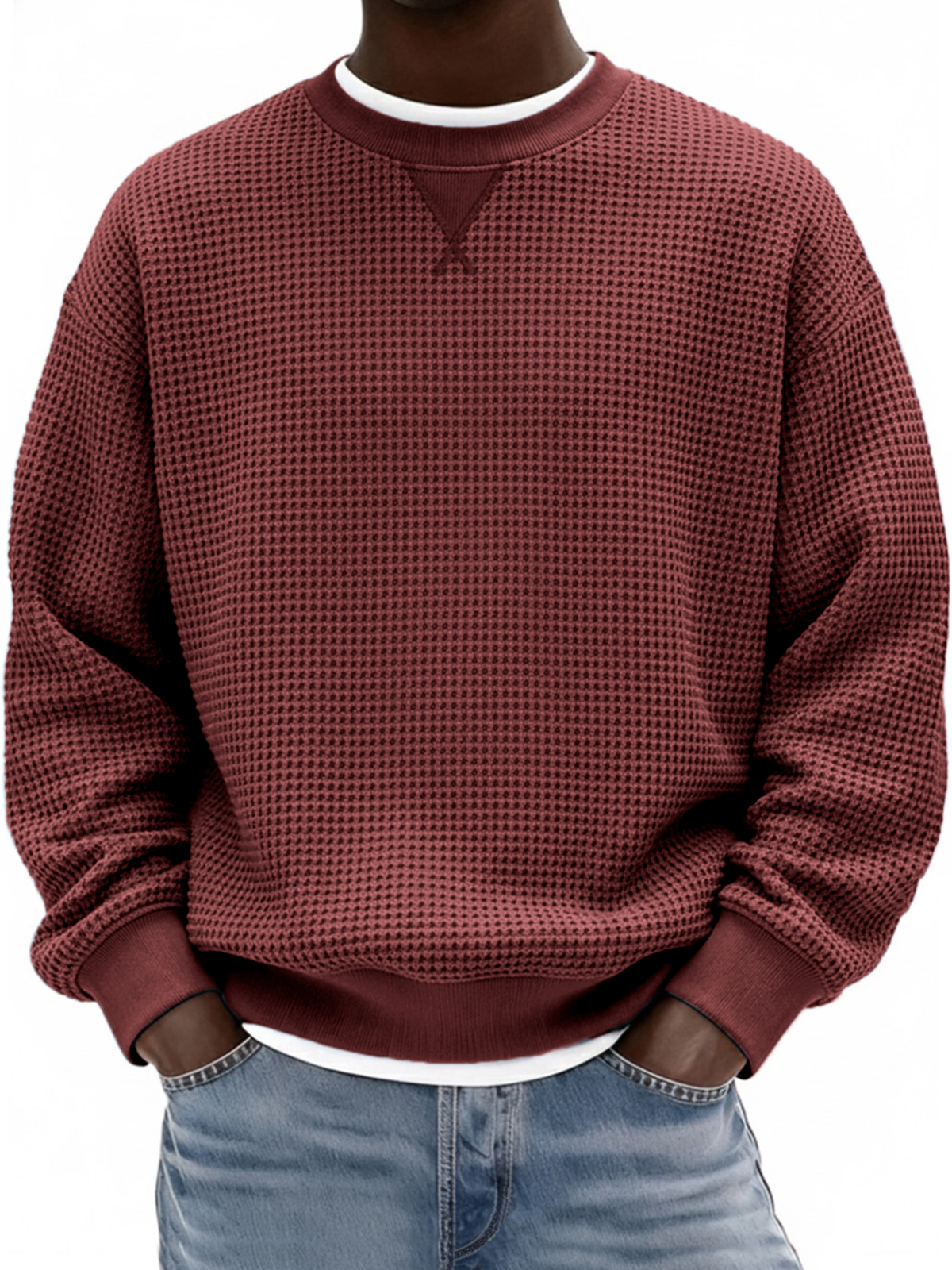 Herren Waffelstruktur X-Stich Rundhals Pullover Sweatshirt-deurabatt