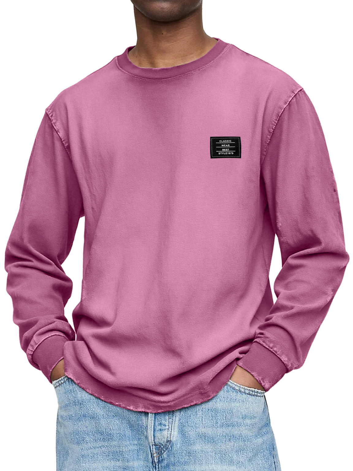Herren Vintage Casual Gewaschen und Abgenutzt Schweres, Handgefertigtes Besticktes Logo Langarm-T-Shirt-ZierMode