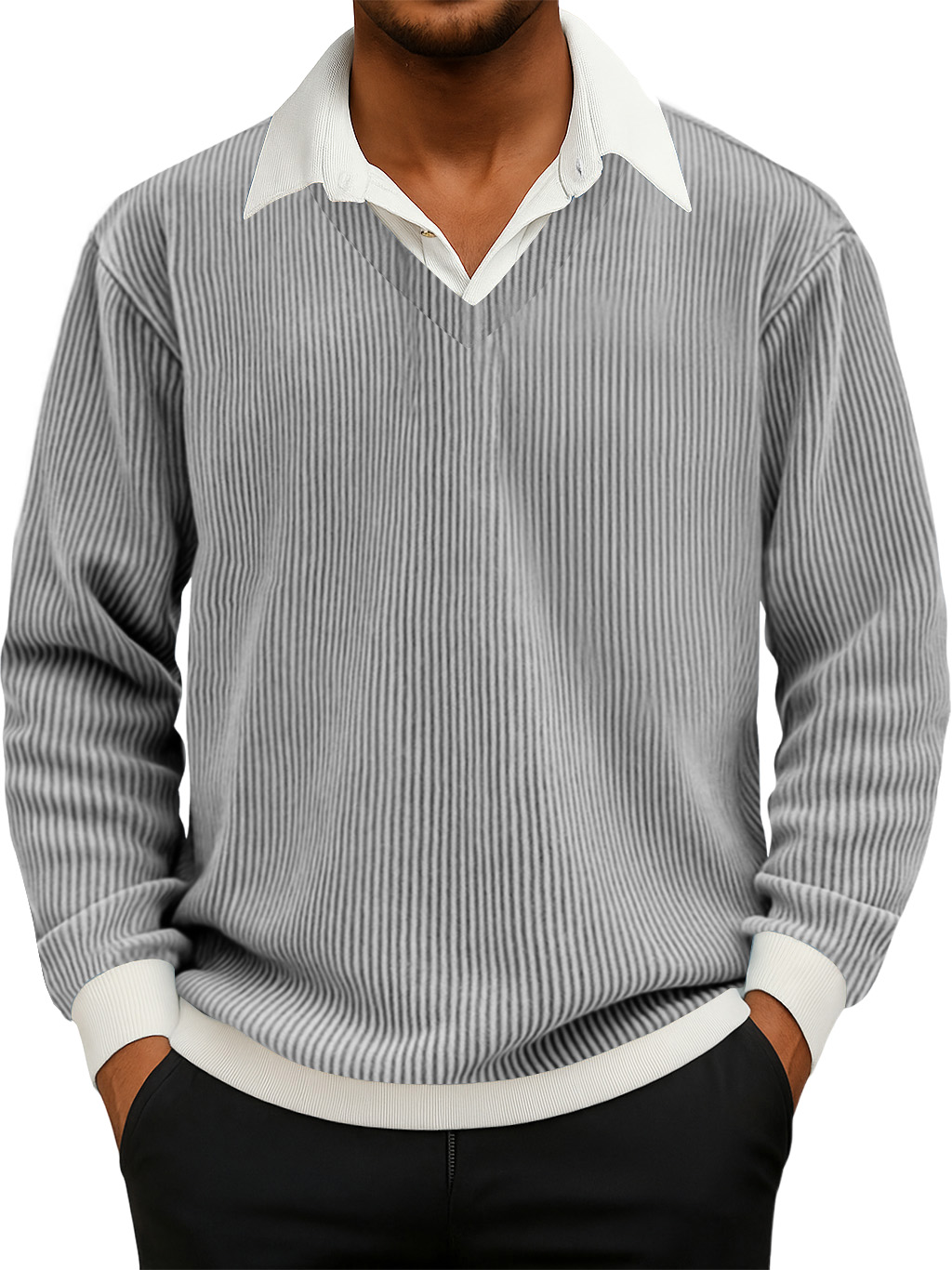 Herren Freizeit Faux Zwei-Teiliges Rippkragen Langarm Sweatshirt-deurabatt