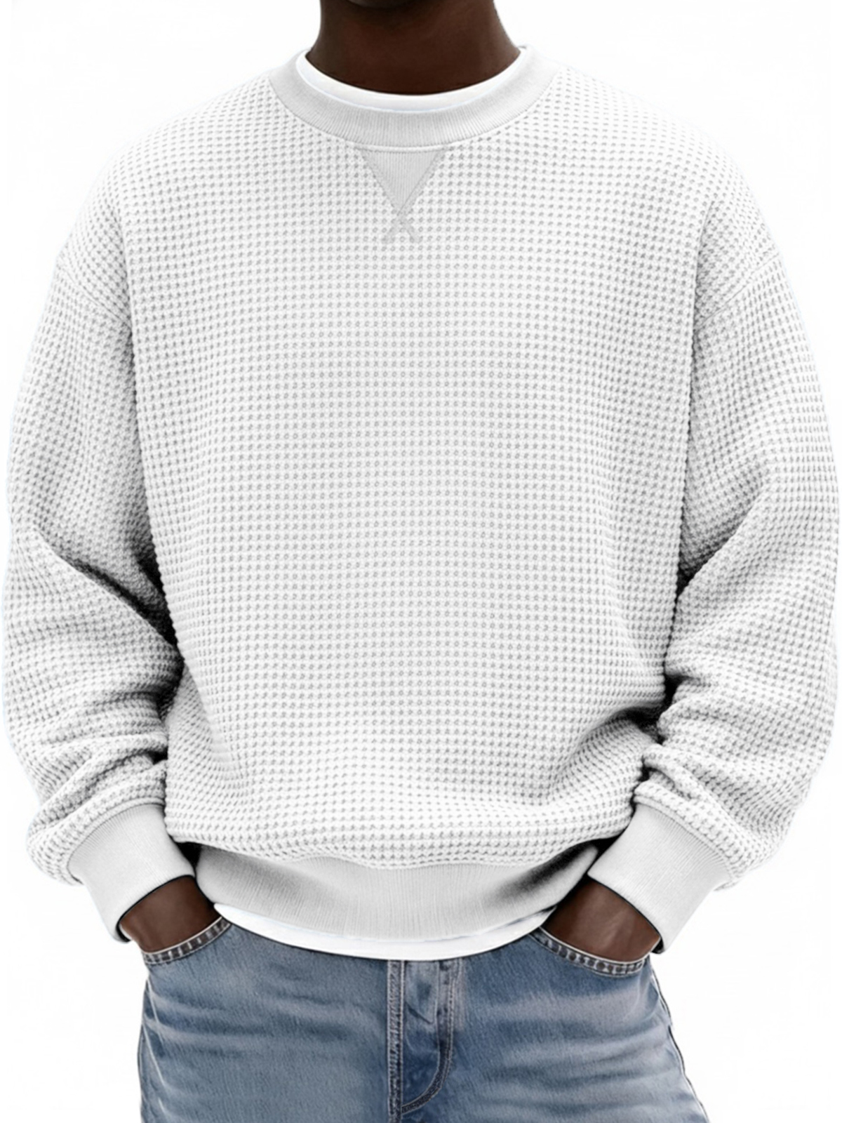 Herren Waffelstruktur X-Stich Rundhals Pullover Sweatshirt-deurabatt