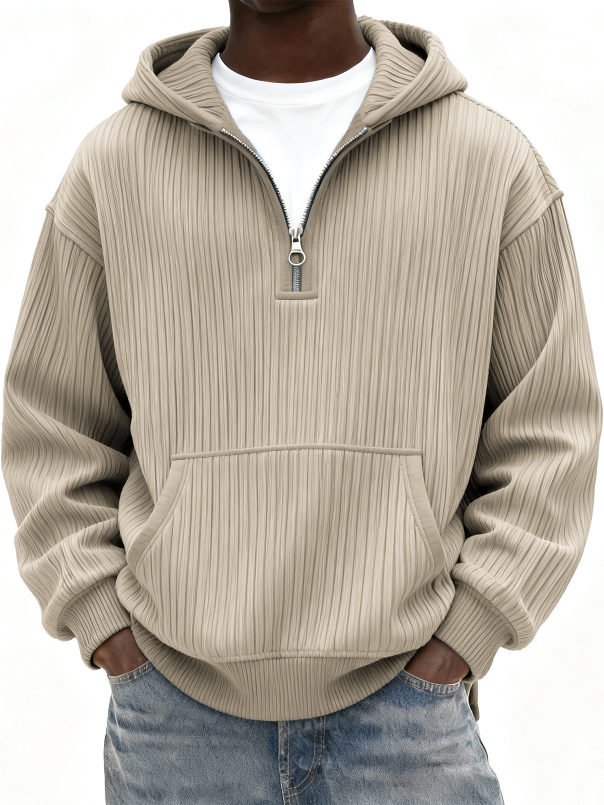 Herren Rippstrick Viertel Reißverschluss Hoodie mit Kängurutasche-deurabatt