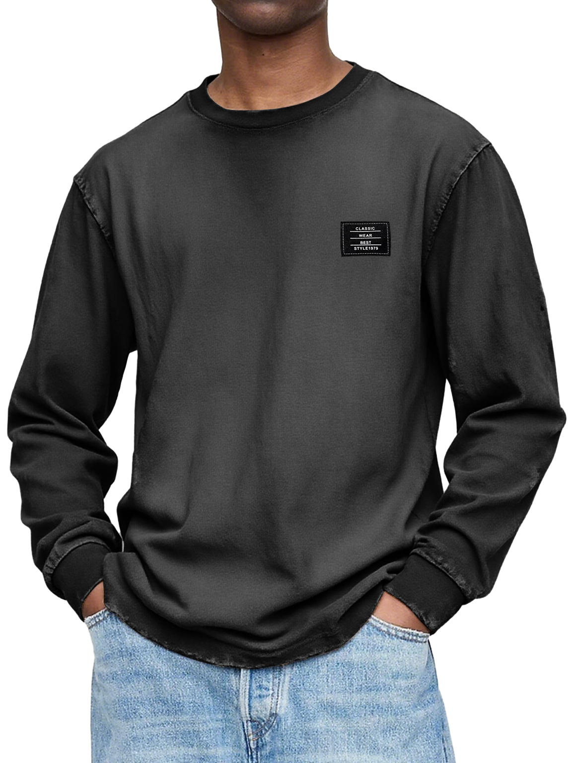 Herren Vintage Casual Gewaschen und Abgenutzt Schweres, Handgefertigtes Besticktes Logo Langarm-T-Shirt-ZierMode