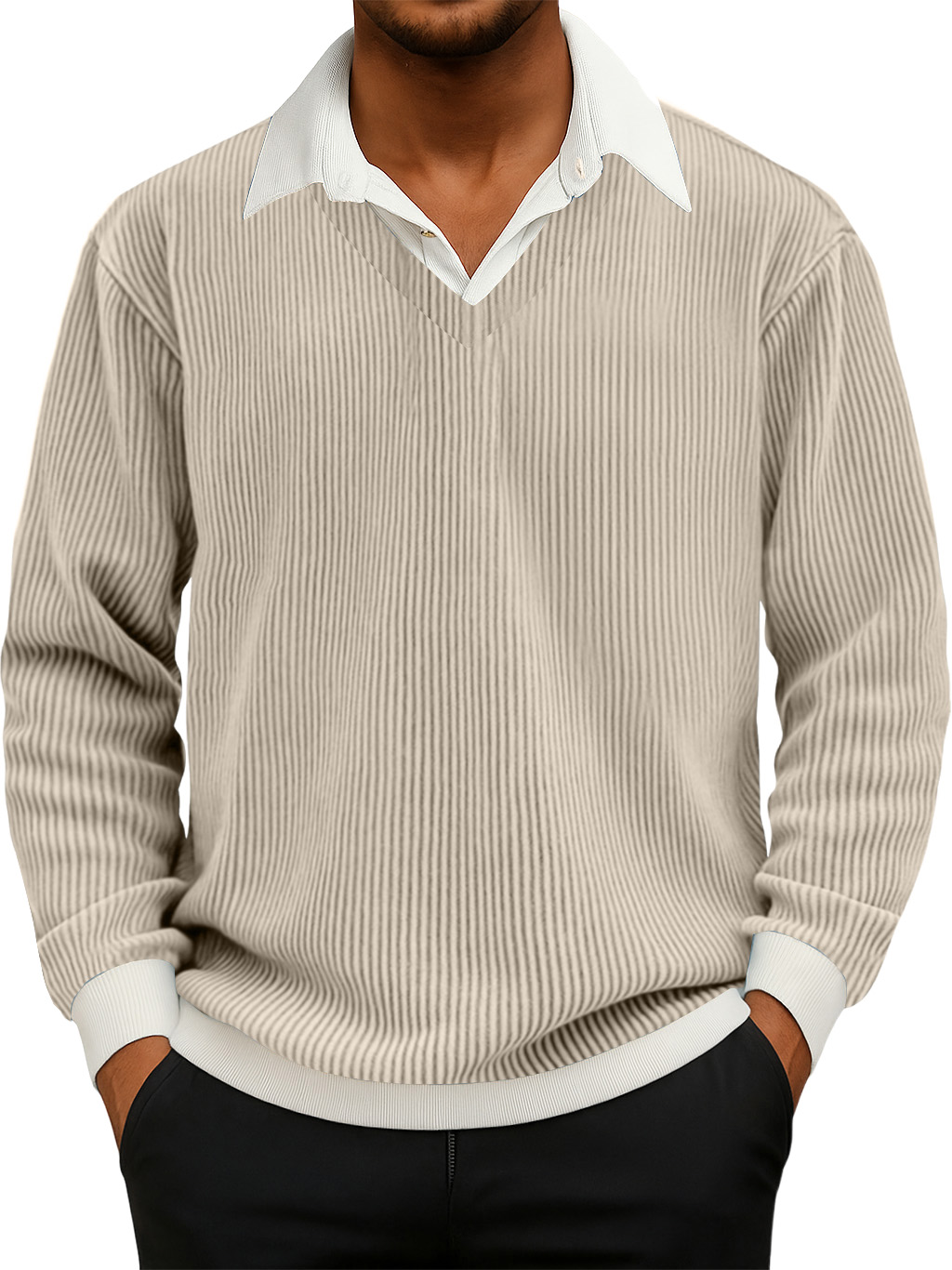 Herren Freizeit Faux Zwei-Teiliges Rippkragen Langarm Sweatshirt-deurabatt