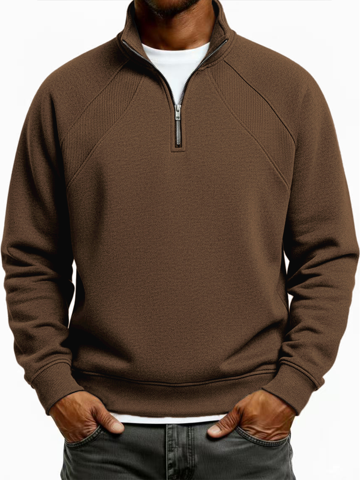 Herren Quarter-Zip Ripp-Raglan Texturiertes Dekonstruiertes Pullover Sweatshirt-deurabatt