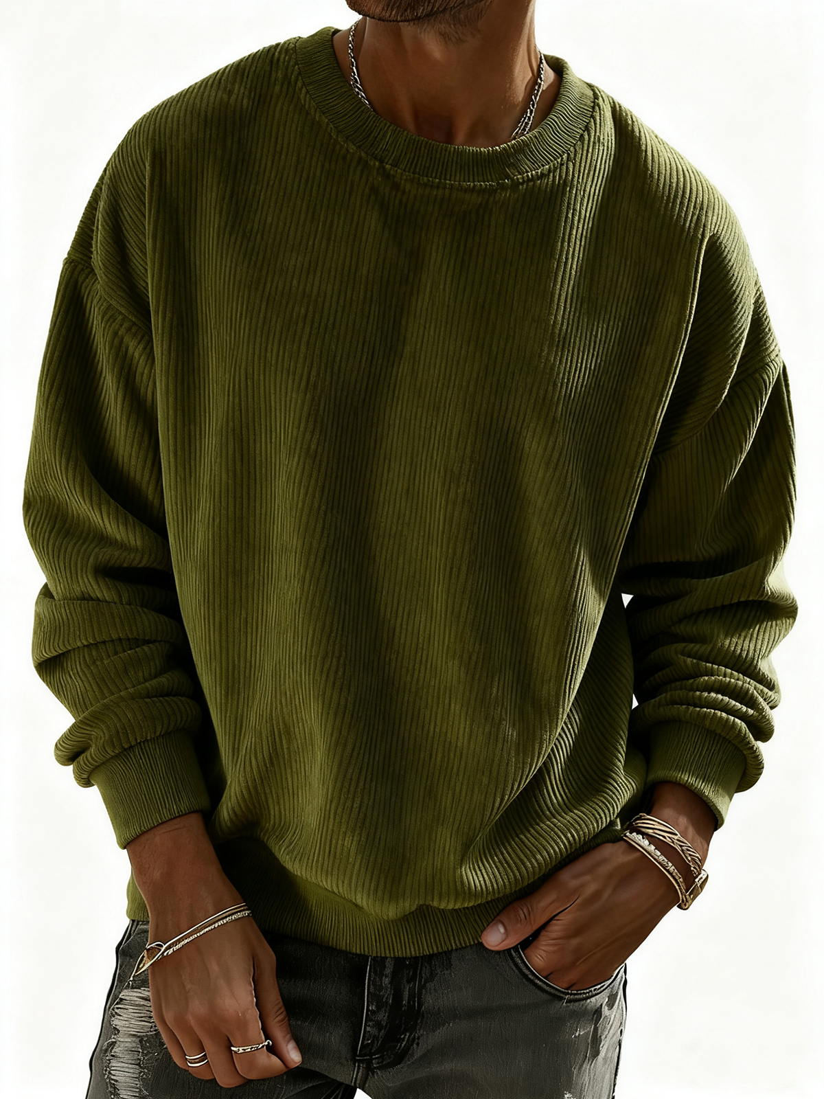 Herren Pullover Sweatshirt aus einfarbigem Cordstoff mit Streifen-deurabatt