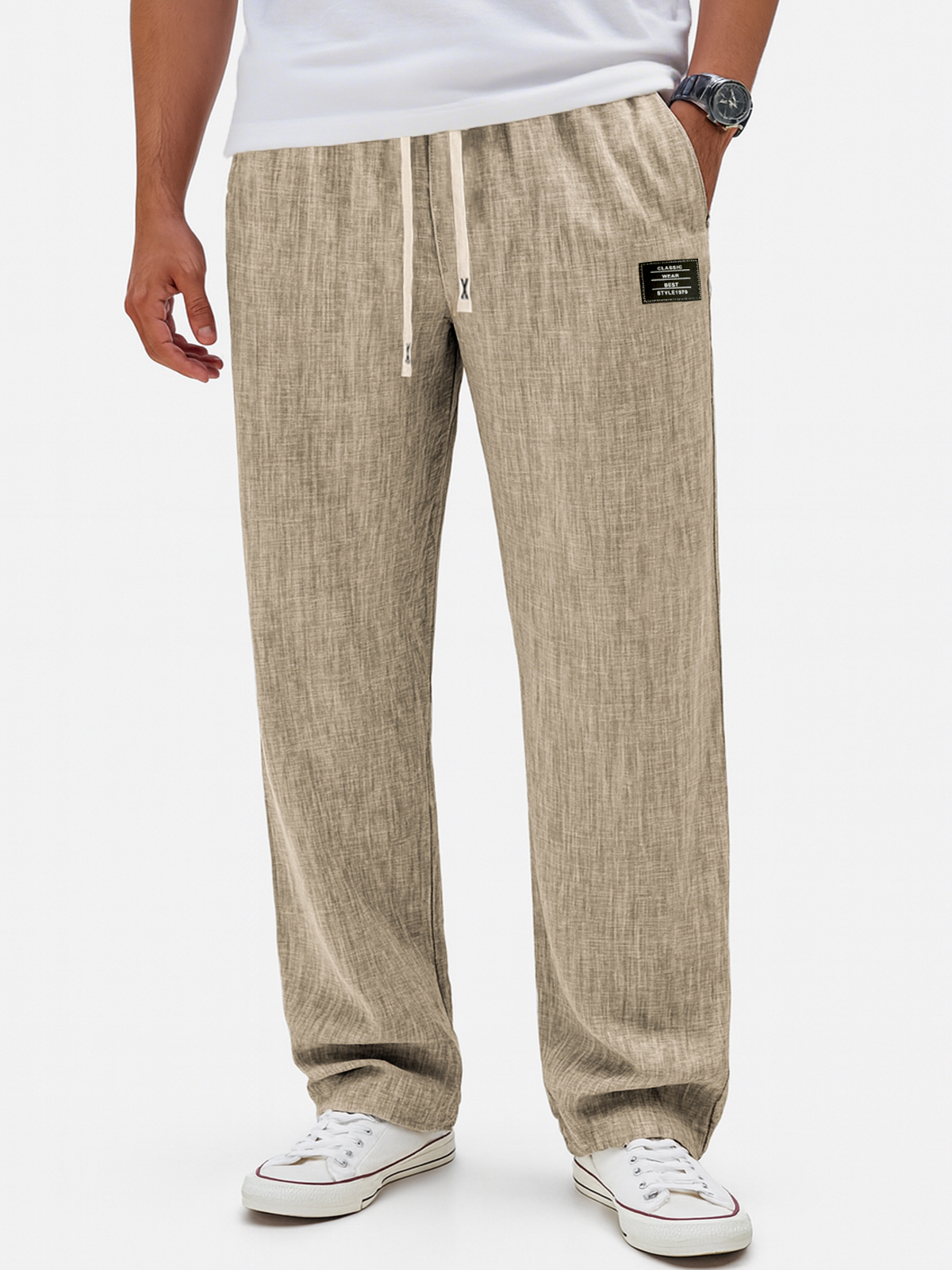Herren Atmungsaktive Leinen Crinkle Freizeit Jogginghose mit Bestickten Etiketten-deurabatt
