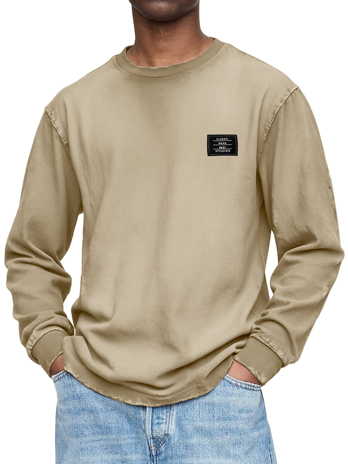 Herren Vintage Casual Gewaschen und Abgenutzt Schweres, Handgefertigtes Besticktes Logo Langarm-T-Shirt-ZierMode