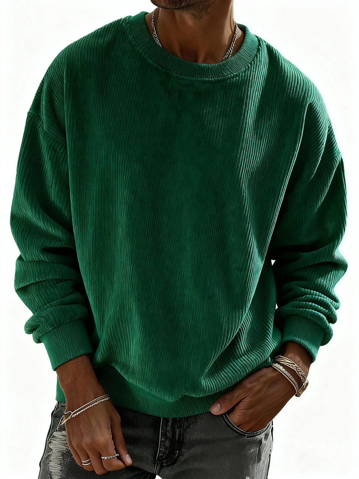 Herren Pullover Sweatshirt aus einfarbigem Cordstoff mit Streifen-deurabatt