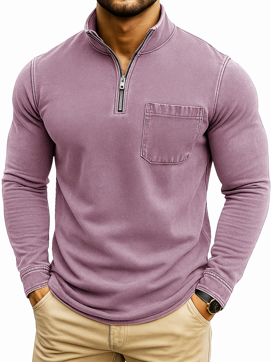 Herren Retro Casual Gewaschen Abgenutzt Viertel Reißverschluss Tasche Langarm T-Shirt-deurabatt