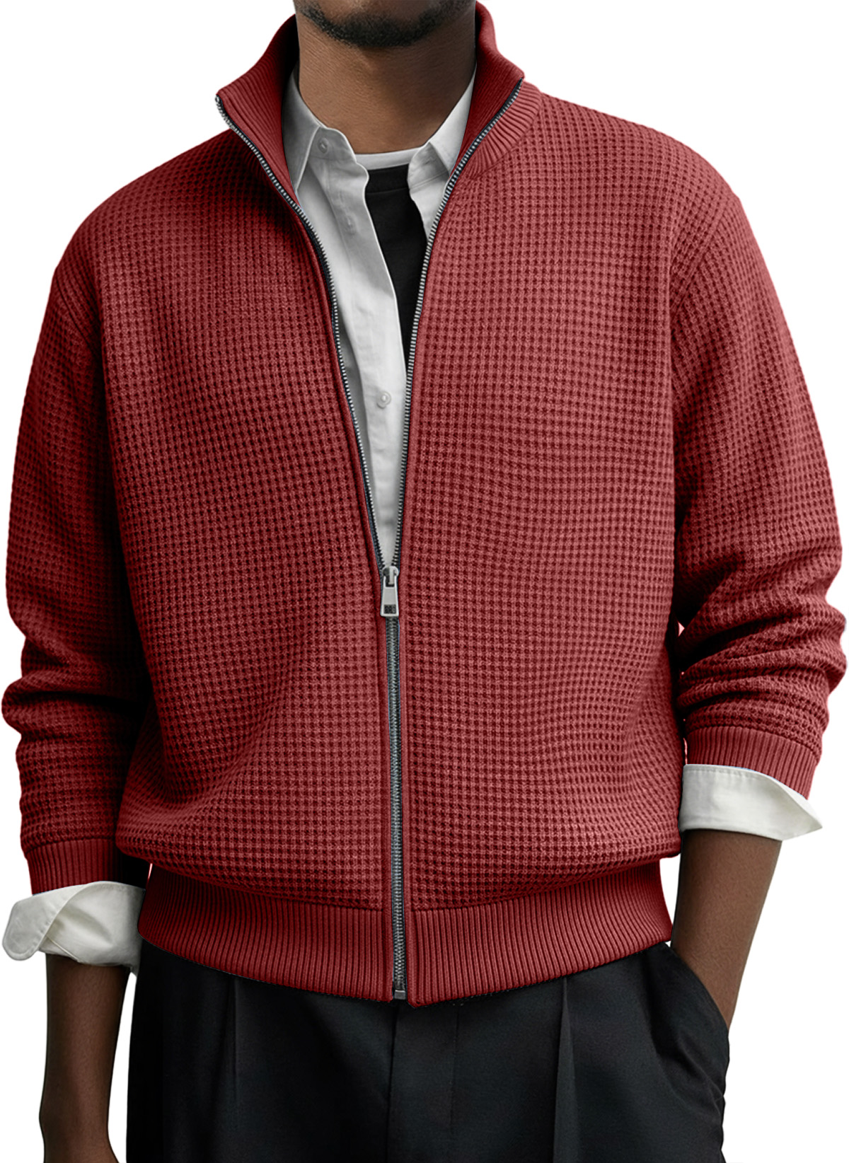 Herren Freizeit Einfarbig Waffel Reißverschluss Langarmjacke-deurabatt