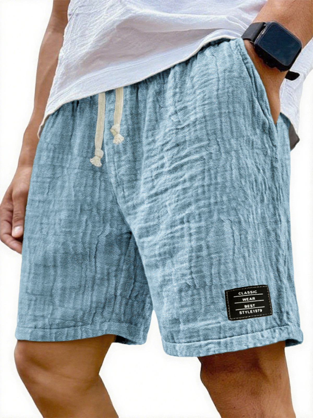 Herren Soft Crinkled Gauze Atmungsaktive Urlaub Bestickte Schnürshorts